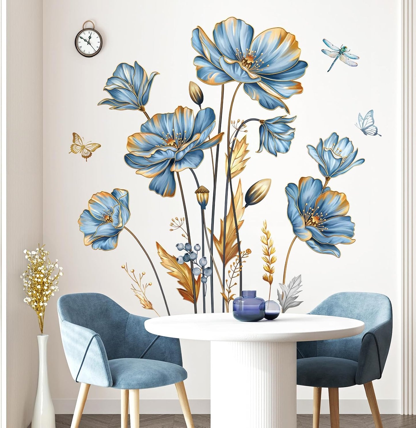 Large Flower Wall Stickers Floral Butterfly Plants Gold Leaves Wall Decals Bedroom Living / Blue