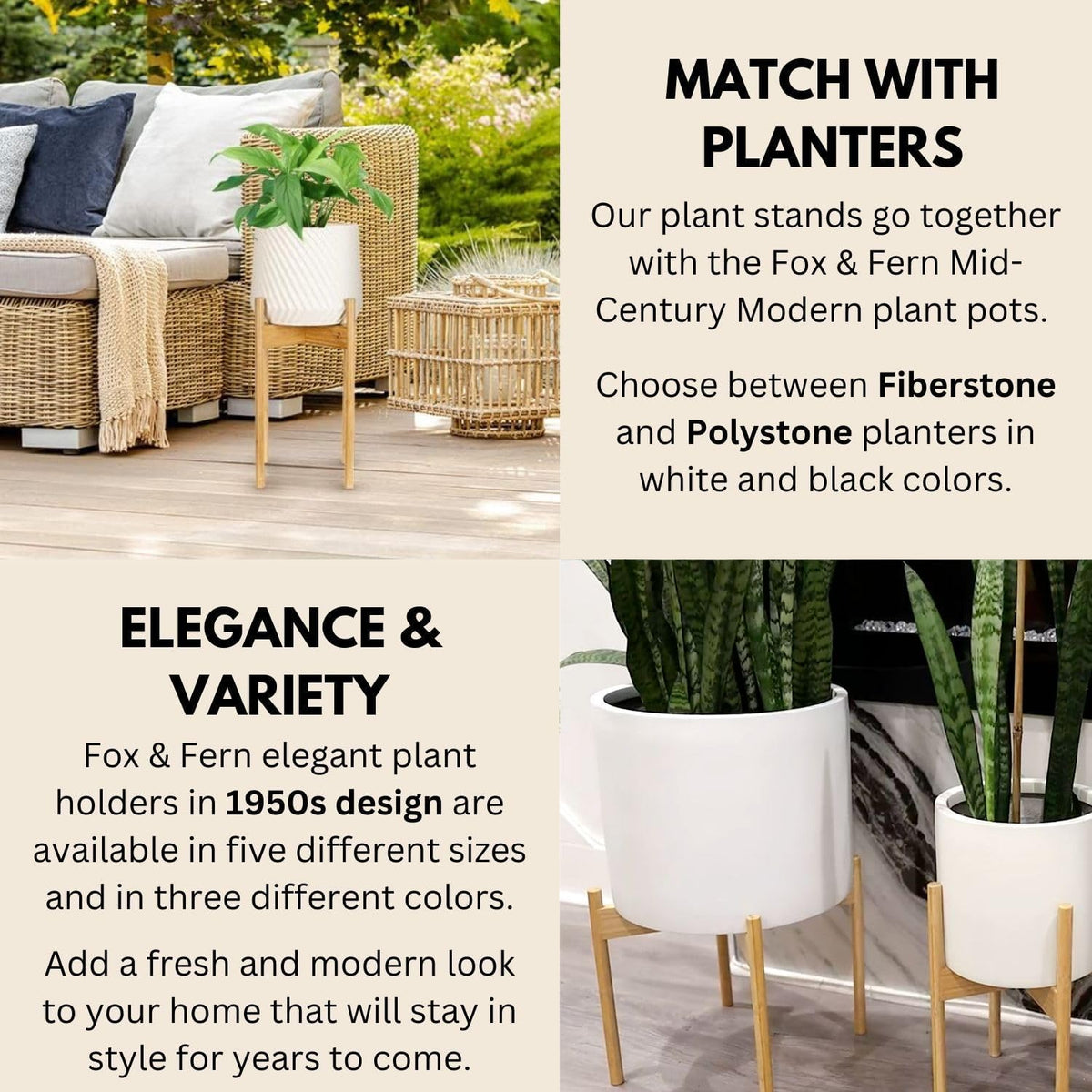 Fox & Fern Mid Century Plant Stands for Indoor Planters, Bamboo, 10 Inch | Plug In Design, Holds 175 lbs, Two High