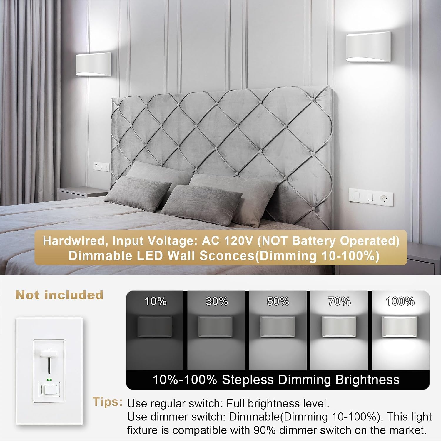 TRLIFE Dimmable Wall Sconces, 3000K/4000K/6000K Selectable Modern Wall Sconce 12W LED Aluminum Wall Mounted Light Set