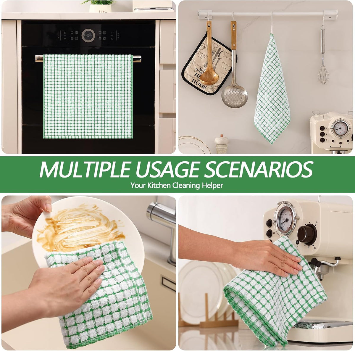 Homaxy Kitchen Towels and Dishcloths Set, Set of 12, Green | Cotton Terry Kitchen Dish Towels, Super Soft and Absorbent