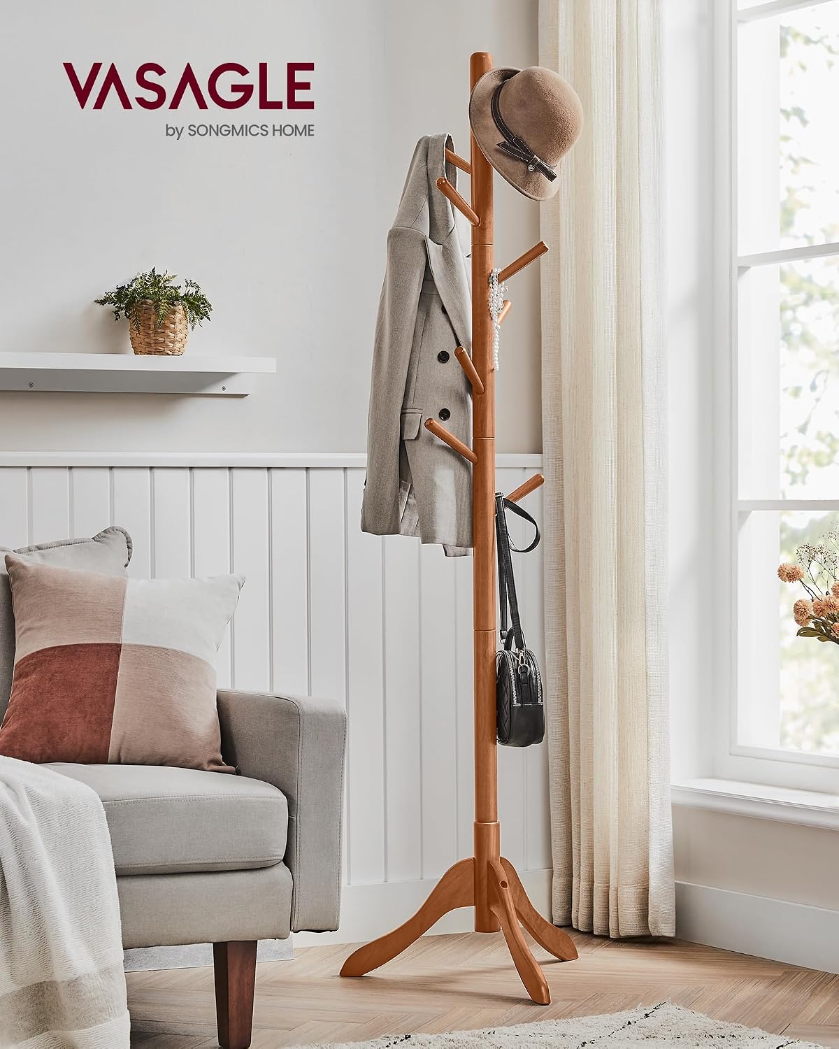 VASAGLE Solid Wood Coat Rack, Free Standing, Tree-Shaped, with 8 Hooks | Coat Tree，3 Height Options, for Clothes, Hats