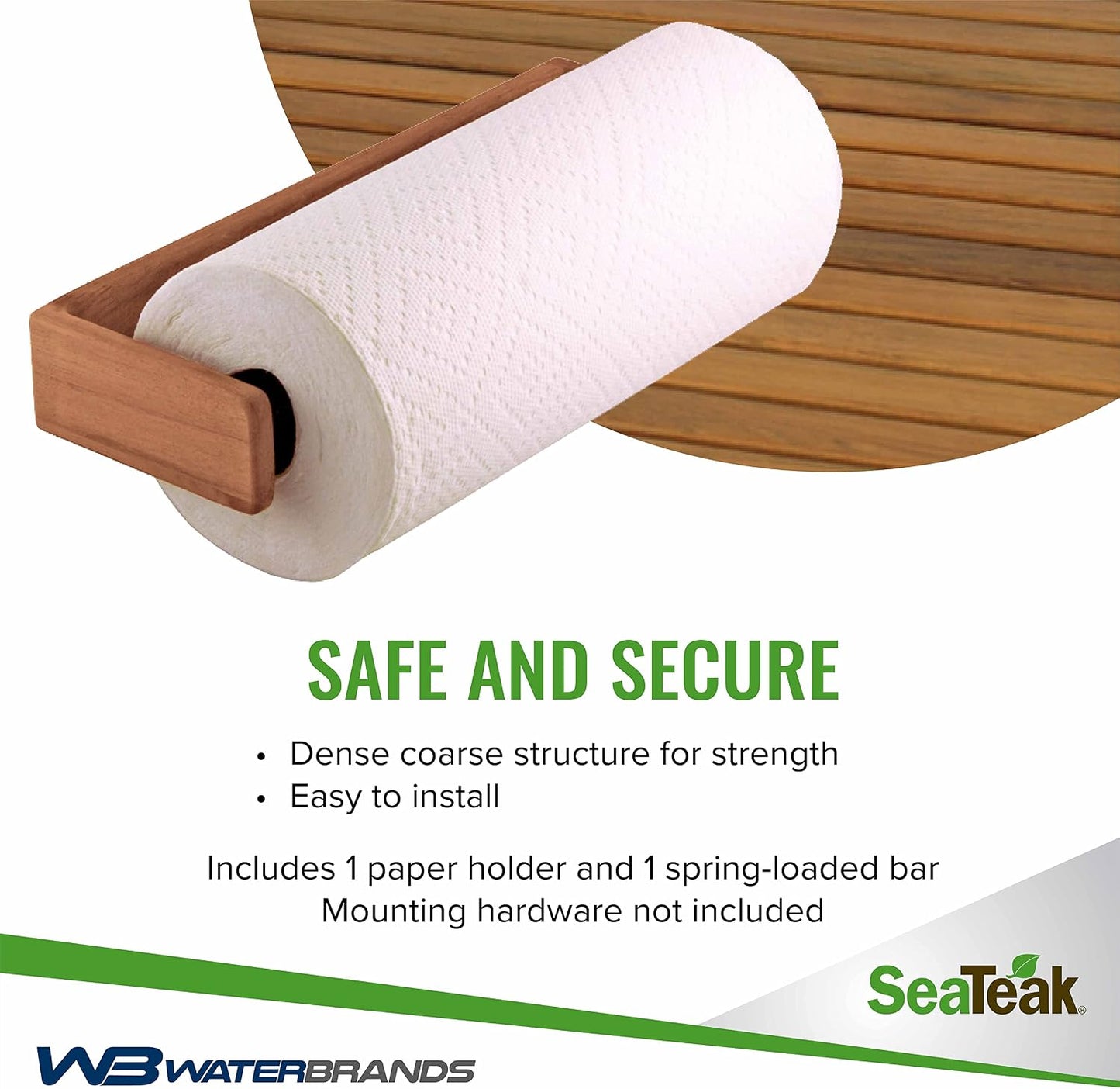 Wooden Paper Towel Holder, 12"x 4.375", 100% Solid Teak Wood, Wall Mount, Spring-Loaded, Fits Standard & Jumbo Rolls