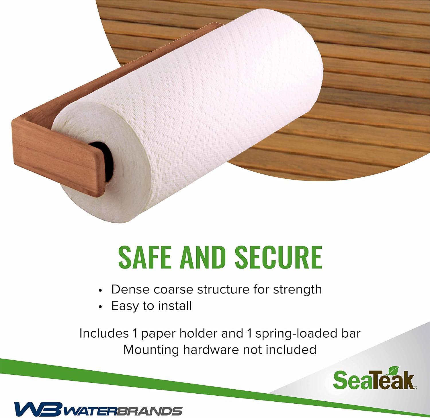 Wooden Paper Towel Holder, 12"x 4.375", 100% Solid Teak Wood, Wall Mount, Spring-Loaded, Fits Standard & Jumbo Rolls
