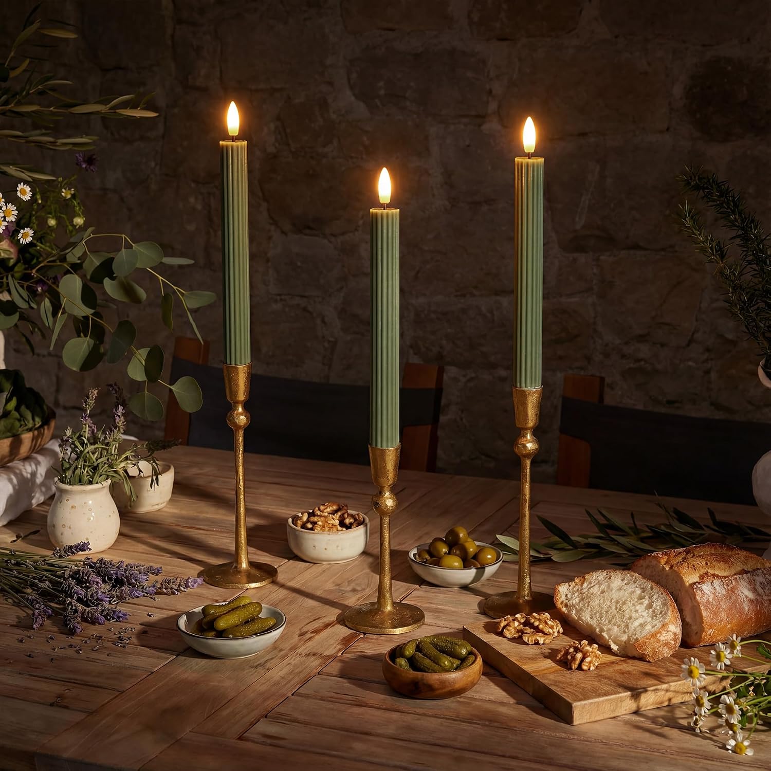 10" Fluted Ribbed LED Sage Olive Loden Green Grooved Real Wax Taper Candles, Remote & 24h Timer Memory, On/Off Switch