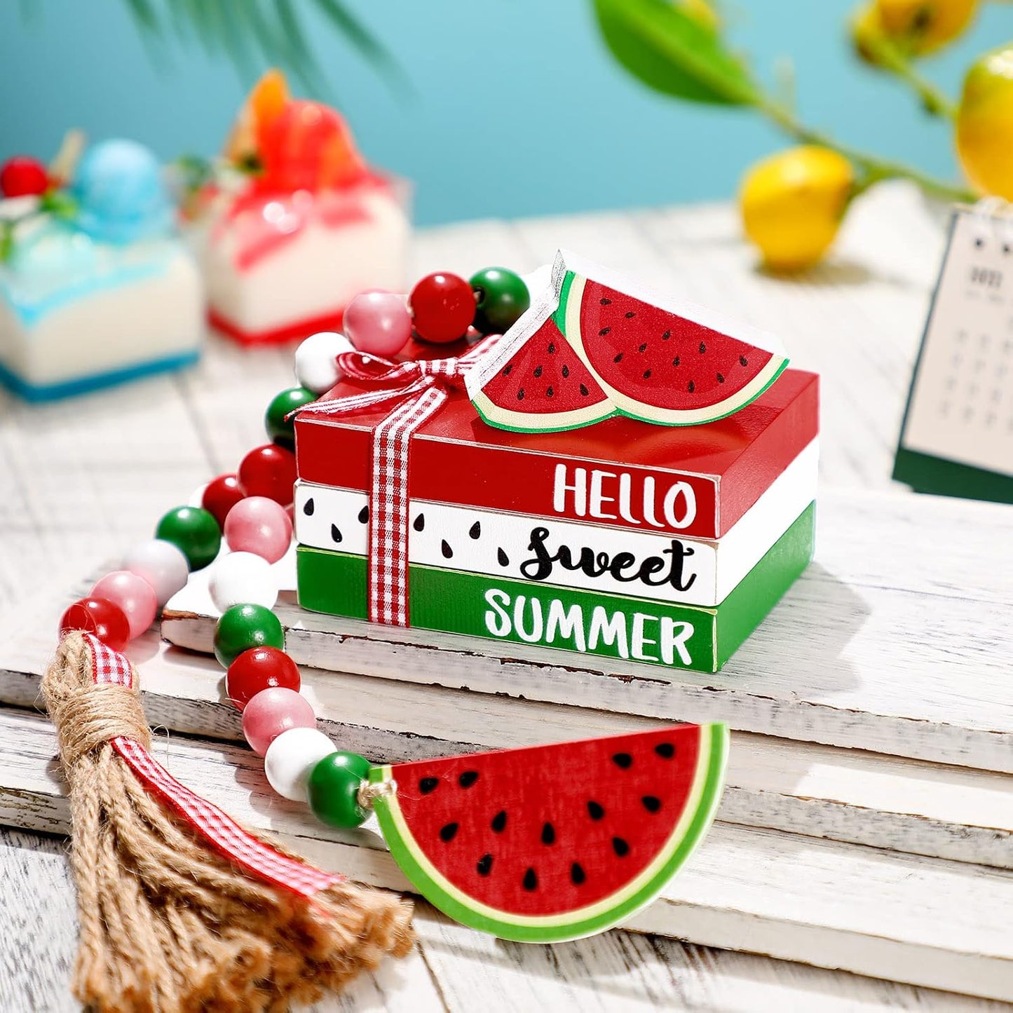 Watermelon Tiered Tray Decor Rustic Farmhouse Summer Wooden Bead Garland / Set of 6