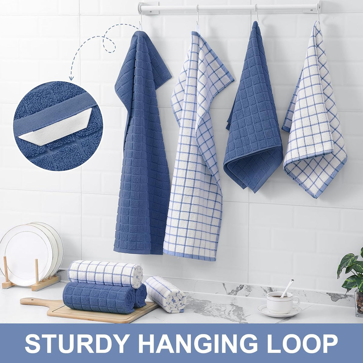 Homaxy Large Premium Cotton Kitchen Towels 16"x 28", 12 Pack, Navy Blue | Natural Ring Spun 390 GSM Dish Towels, Super