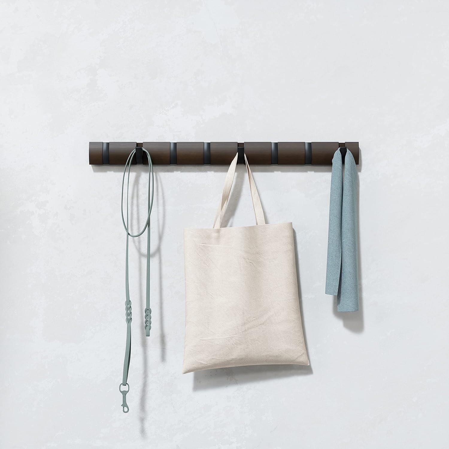 Umbra Flip Coat Rack, Wall Mount 8-Hook, Space Saving, Walnut/Black | Real wood and steel build, retractable hooks fold