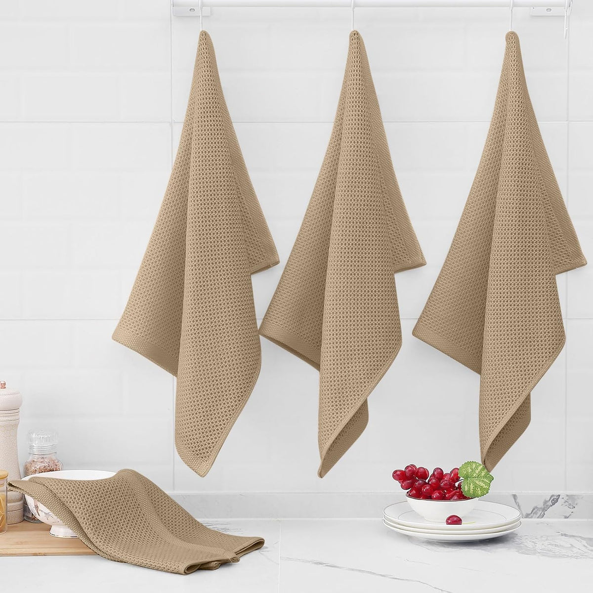 Homaxy 100% Cotton Oversized Waffle Weave Kitchen Towels 4-Pack, Tan | 20 x 28 Inches, Ultra Soft Absorbent Dish