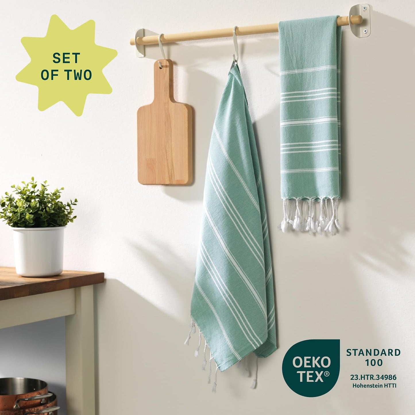 Turkish Hand Towels with Hanging Loop, Set of 2 (20" x 30") 100% Turkish Cotton, Pre-Washed, Quick Drying, for Kitchen
