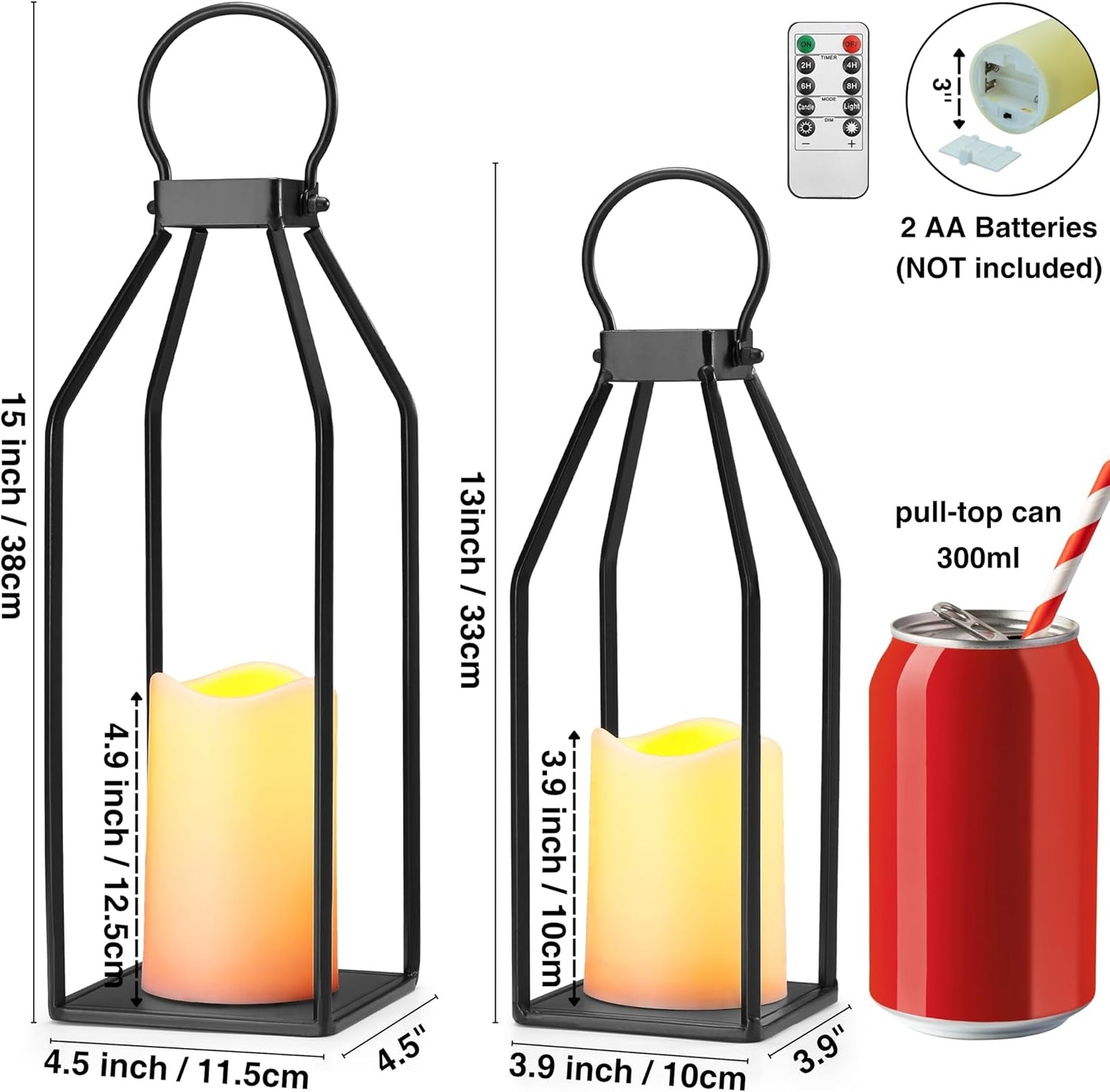 Perfnique Modern Farmhouse Lantern Decor, 15'' 13'' Set of 2 Black Metal Lantern, 2 LED 6hr Timer Flameless Candles ＆