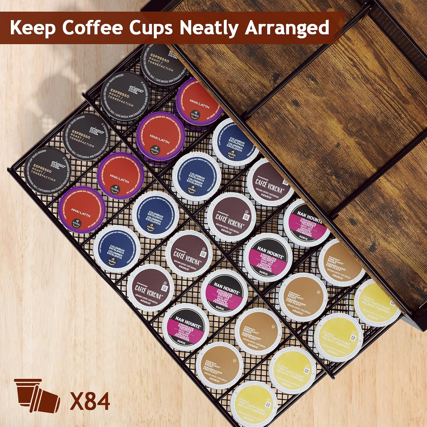 Coffee Bar Organizer - Coffee Station for Countertop, Metal and Wood K Cup holder Storage Basket for Coffee Pods
