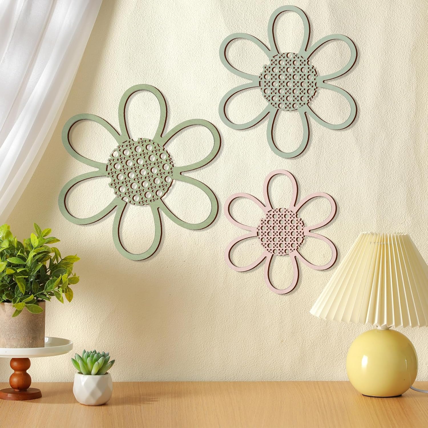Wood & Rattan Daisy Flower Wall Hanging Art / Bright Color / Set of 3