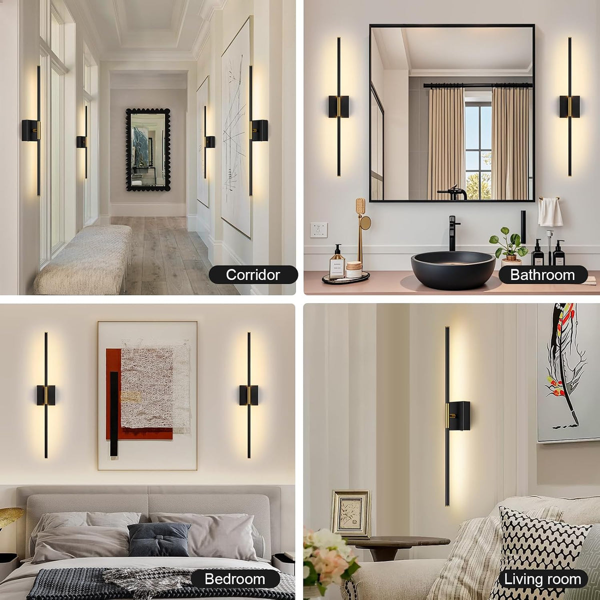 Wall Sconces Set of Two with Remote Control 29.1 in Dimmable Black Gold Battery Operated Wall Lights 350° Ratation