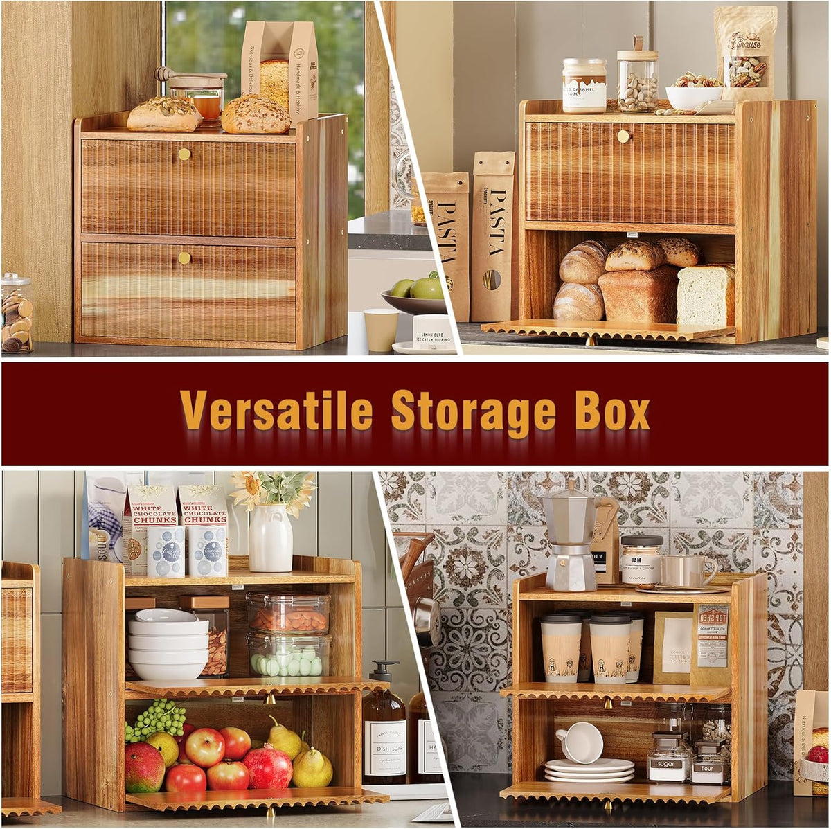 Trironsun Acacia Bread Box for Kitchen Countertop Wood Bread Storage Container Bin Double Layer BreadBox Farmhouse