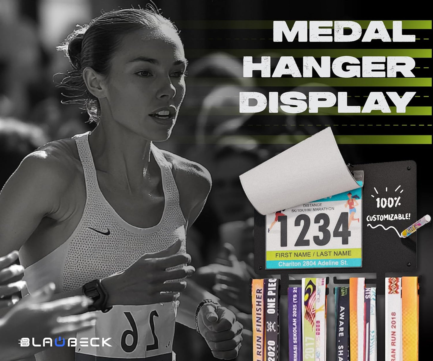 Marathon Medal Display and Race Bib Holder for Runners, Metal Wall Hanger | Holds 50 medals, 40 bibs on a sleek metal