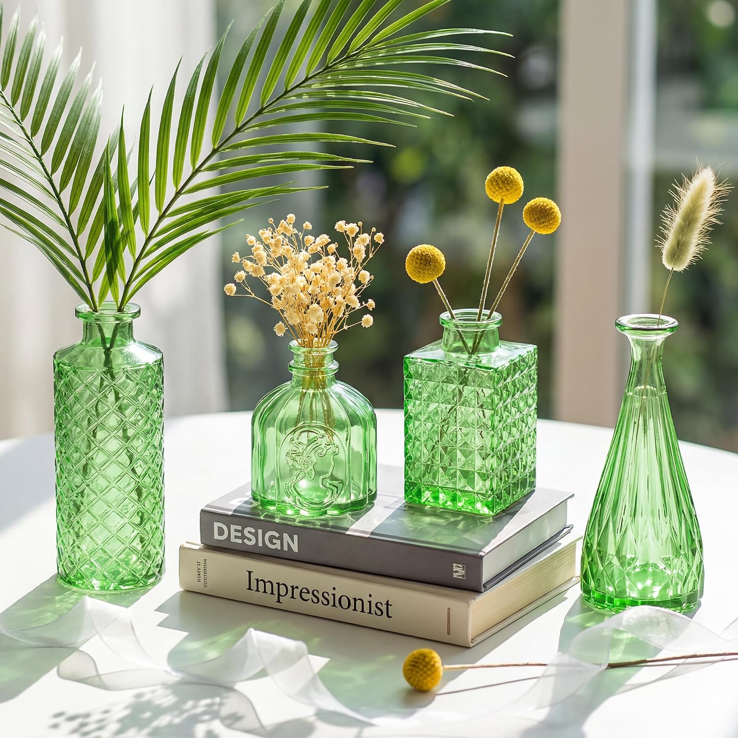 Armber Small Vintage Glass Clear Bud Flower Vases Bulk Multiple Shape Mini Glass / Green / Set of 12