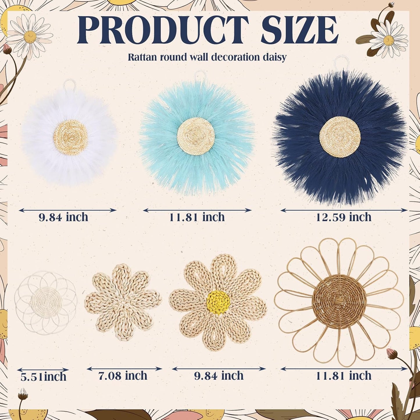 Boho Wall Basket Decor Rattan Flower Wall Decor Nursery Daisy Flower Woven Macrame / Blue / Set of 7