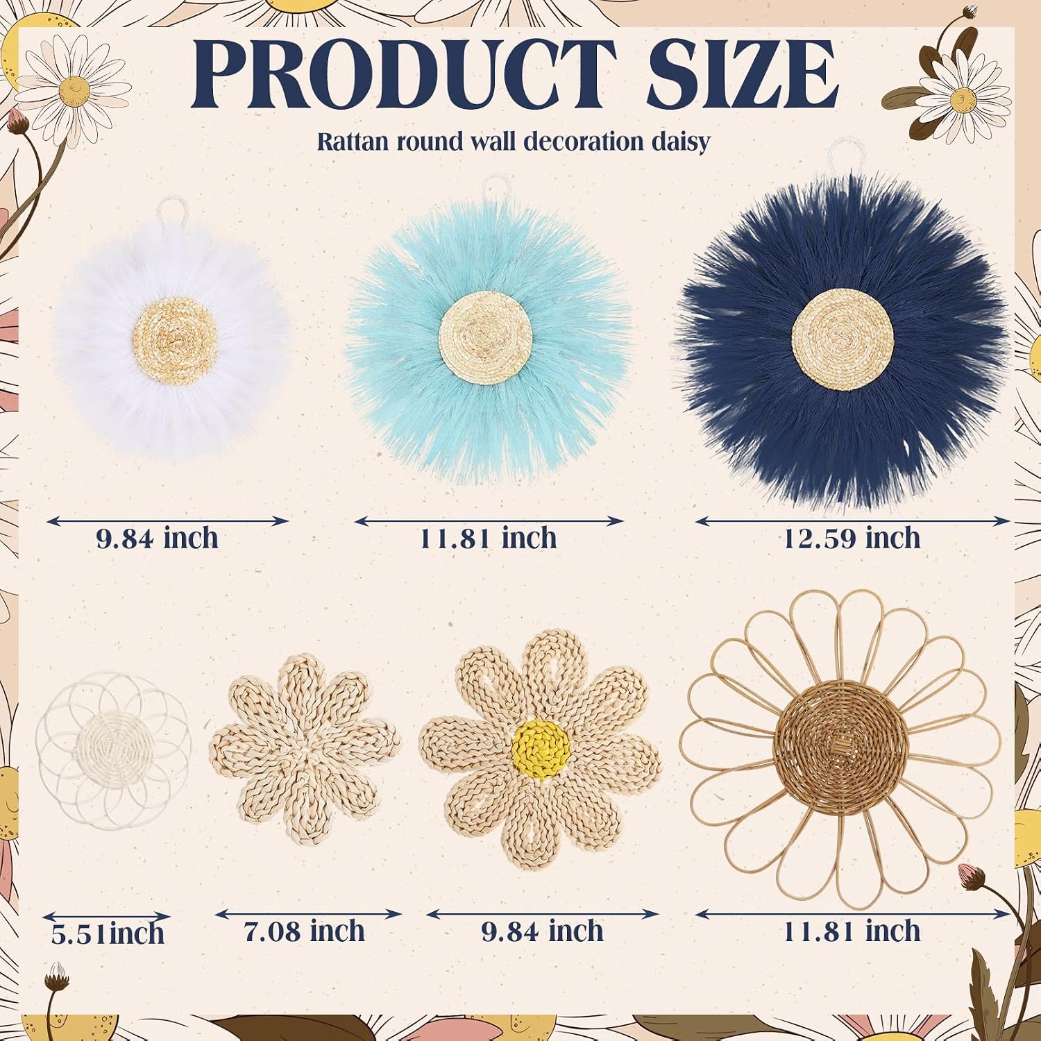 Boho Wall Basket Decor Rattan Flower Wall Decor Nursery Daisy Flower Woven Macrame / Blue / Set of 7