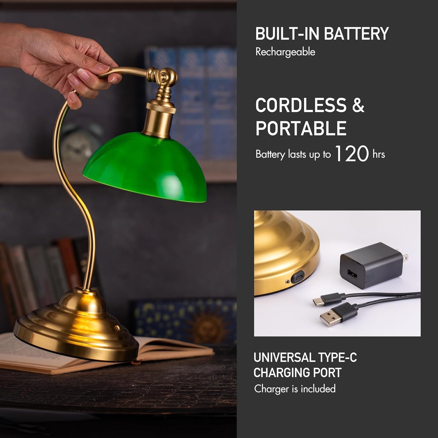 O'Bright Bankers - Cordless LED Table Lamp, Battery-Operated, Rechargeable, 3-Level Dimming, Universal USB-C Charging