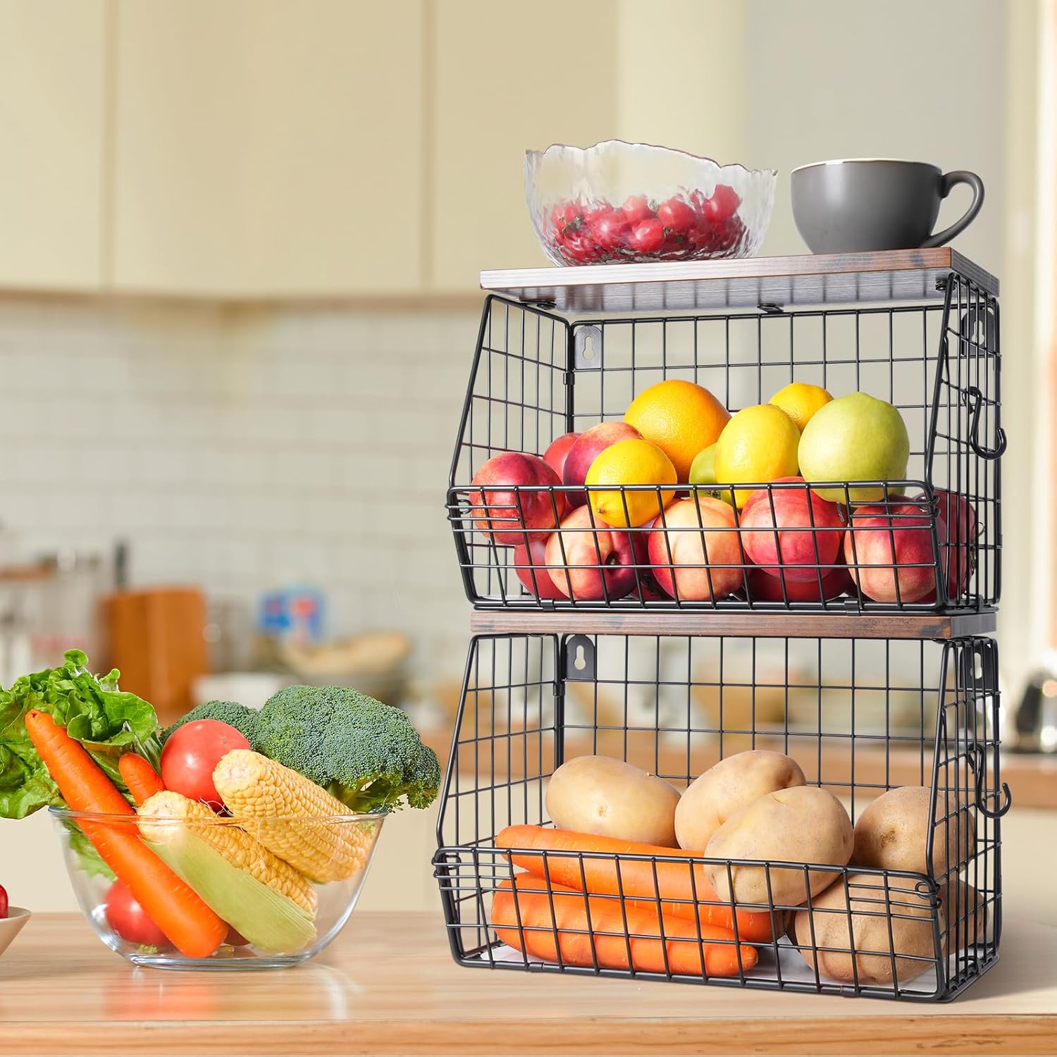Stackable Wall Basket Fruit Basket / Brown / Large X2 / Set of 2