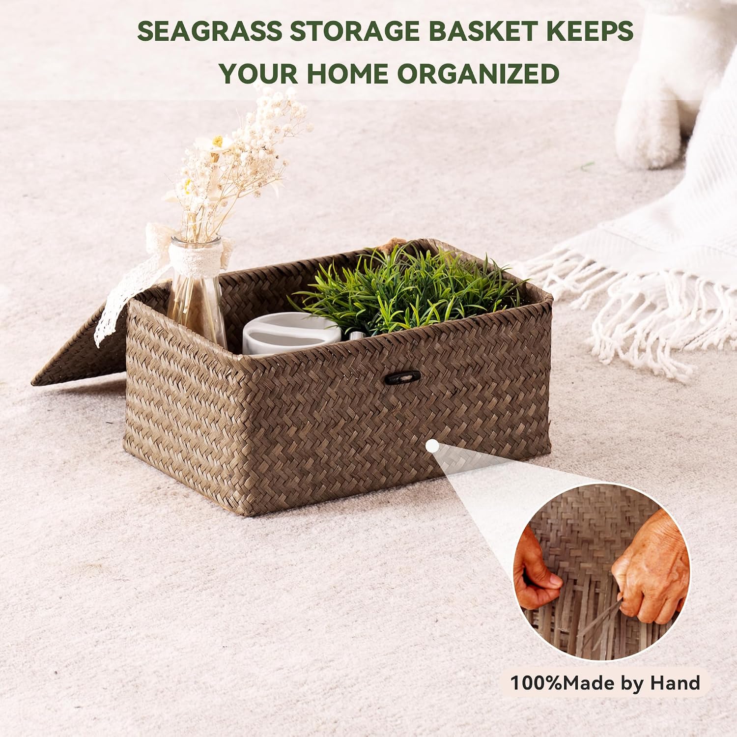 Seagrass Bin / Shelf Baskets Multipurpose Container for Boho Decoration / Coffee / Natural