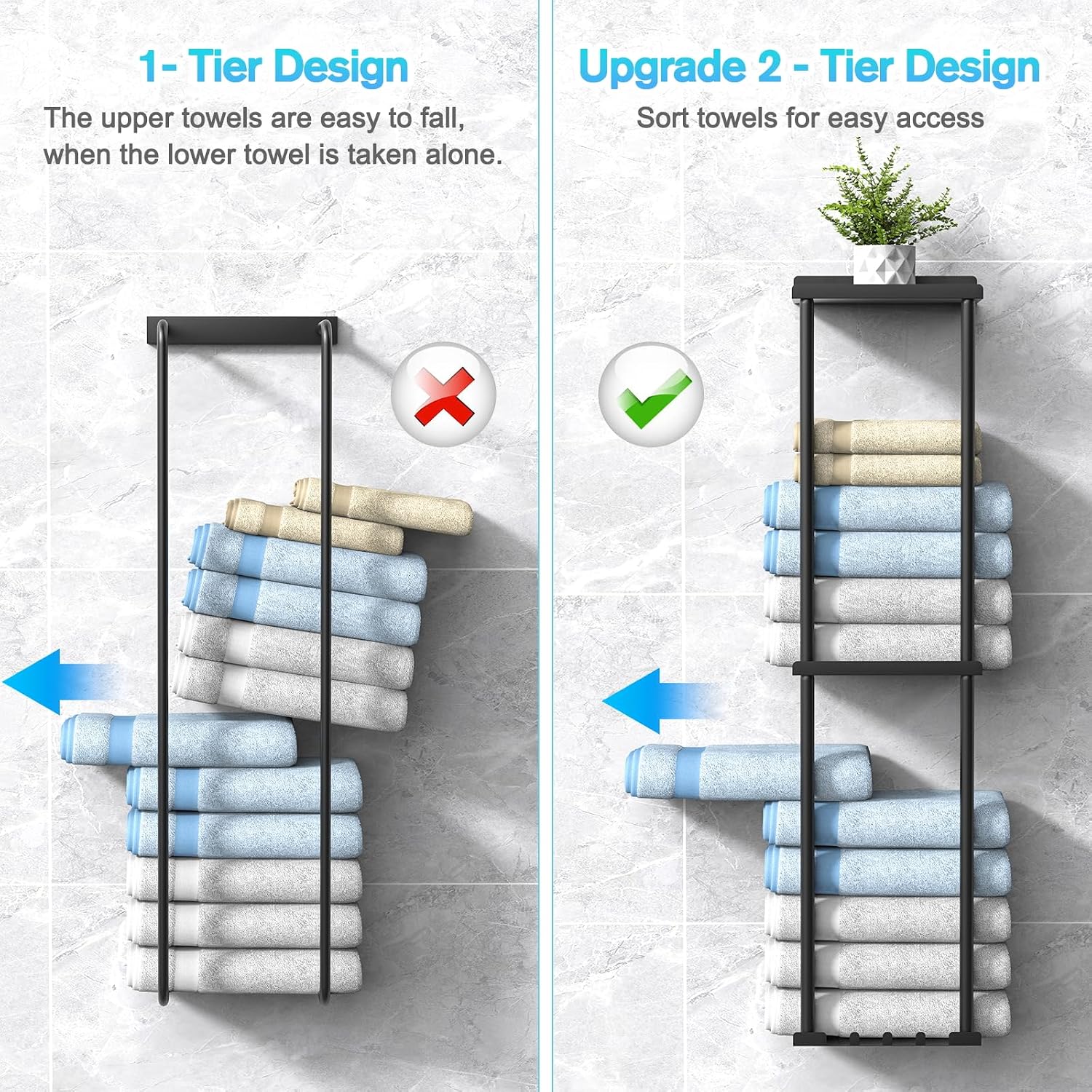 Liuoud Towel Rack for Bathroom, Wall Mounted Vertical Rolled Towel Storage Organizer Holder with Shelf, Holds Up 6