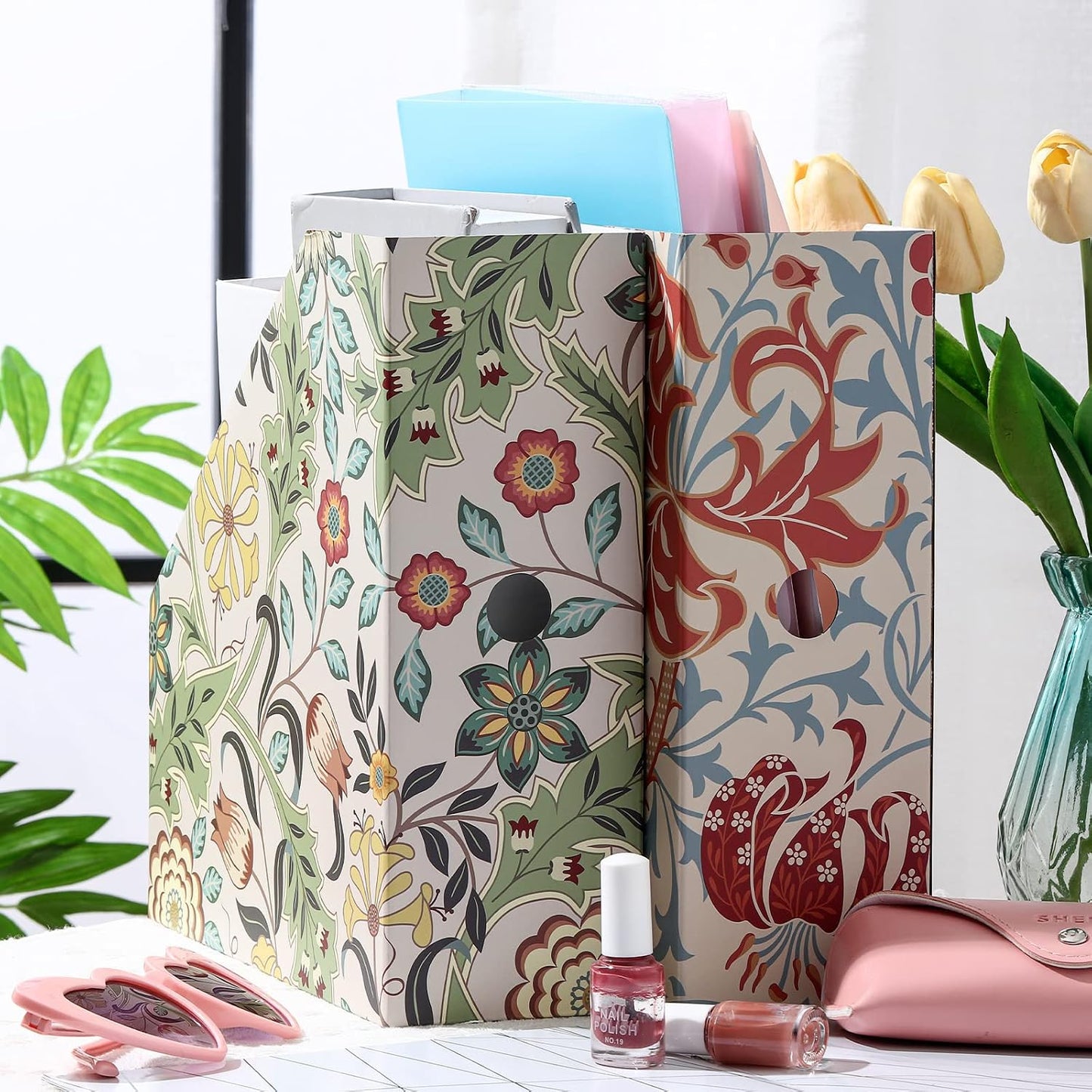 PerKoop 12 Pcs Decorative Magazine File Holders Floral Foldable File Folders Magazine Storage Boxes Rack Desk Organizer