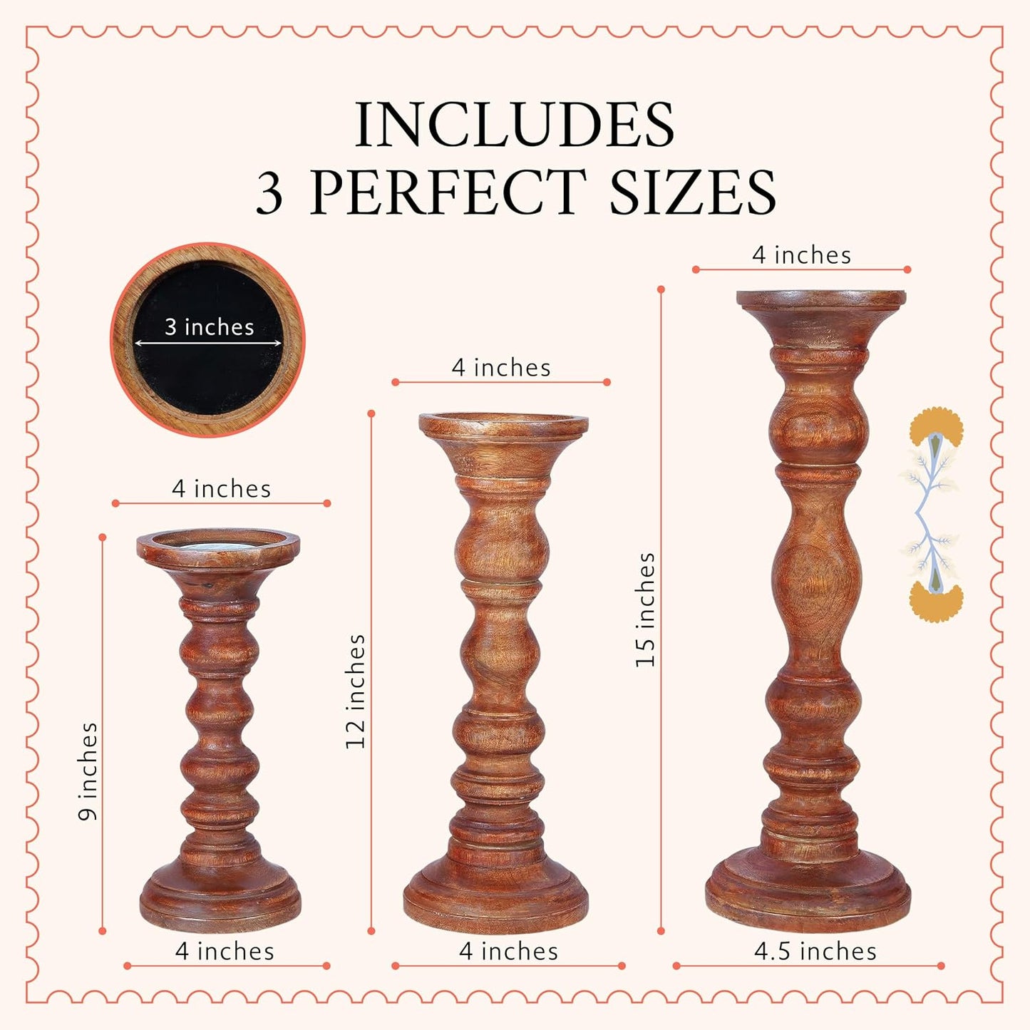 Willow Mango Wood Candle Holders - Medium Polish, Set of 3 | 9”, 12” & 15” hand-carved candle holders for table, mantel