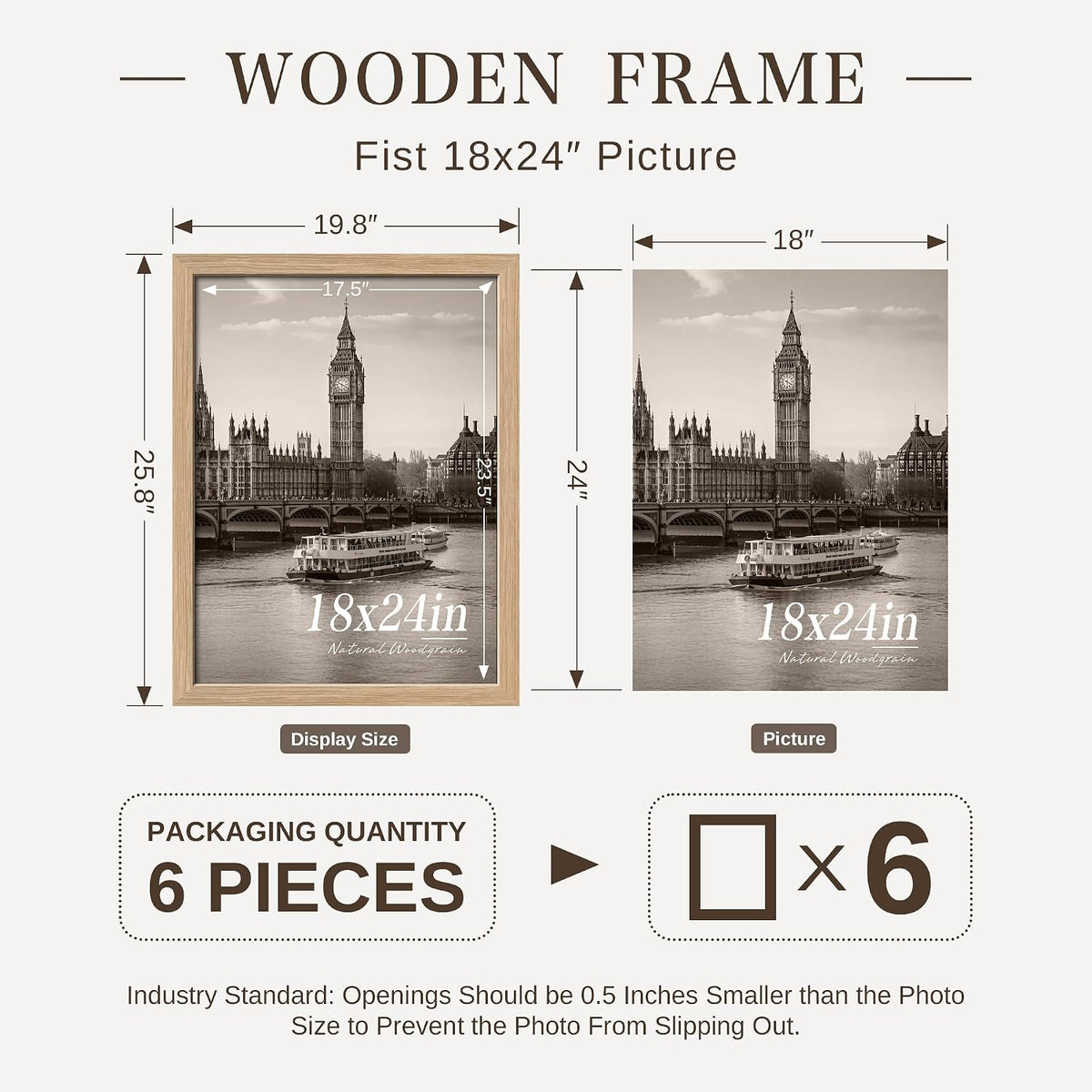 VCK 18x24 Frame Set of 6, Elegant Oak Wood Poster Frame | 1.1in Wide Border, Wall Hanging, HD Plexiglass