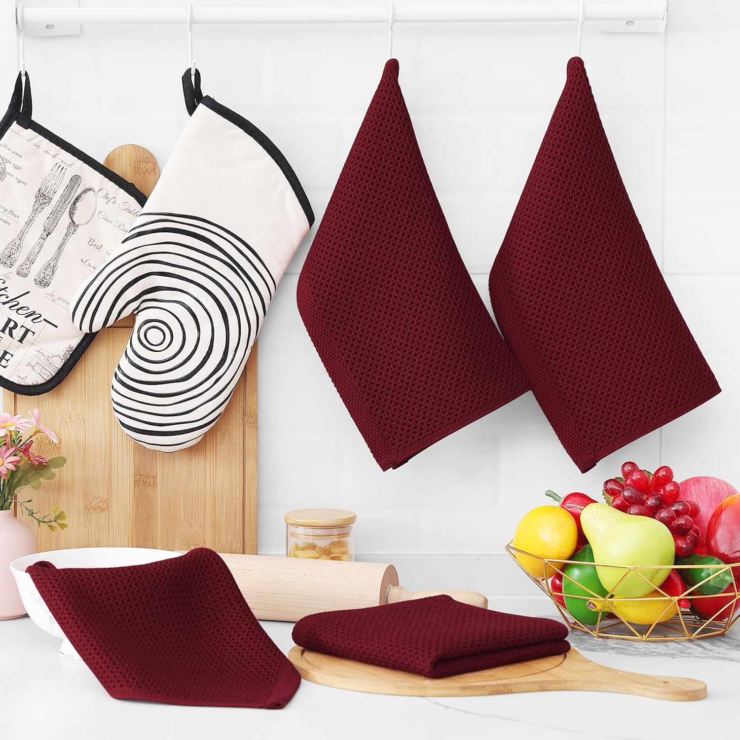 Homaxy 100% Cotton Waffle Weave Kitchen Dish Cloths 12-Pack, Burgundy | 12 x 12 Inches, Ultra Soft Absorbent Dish