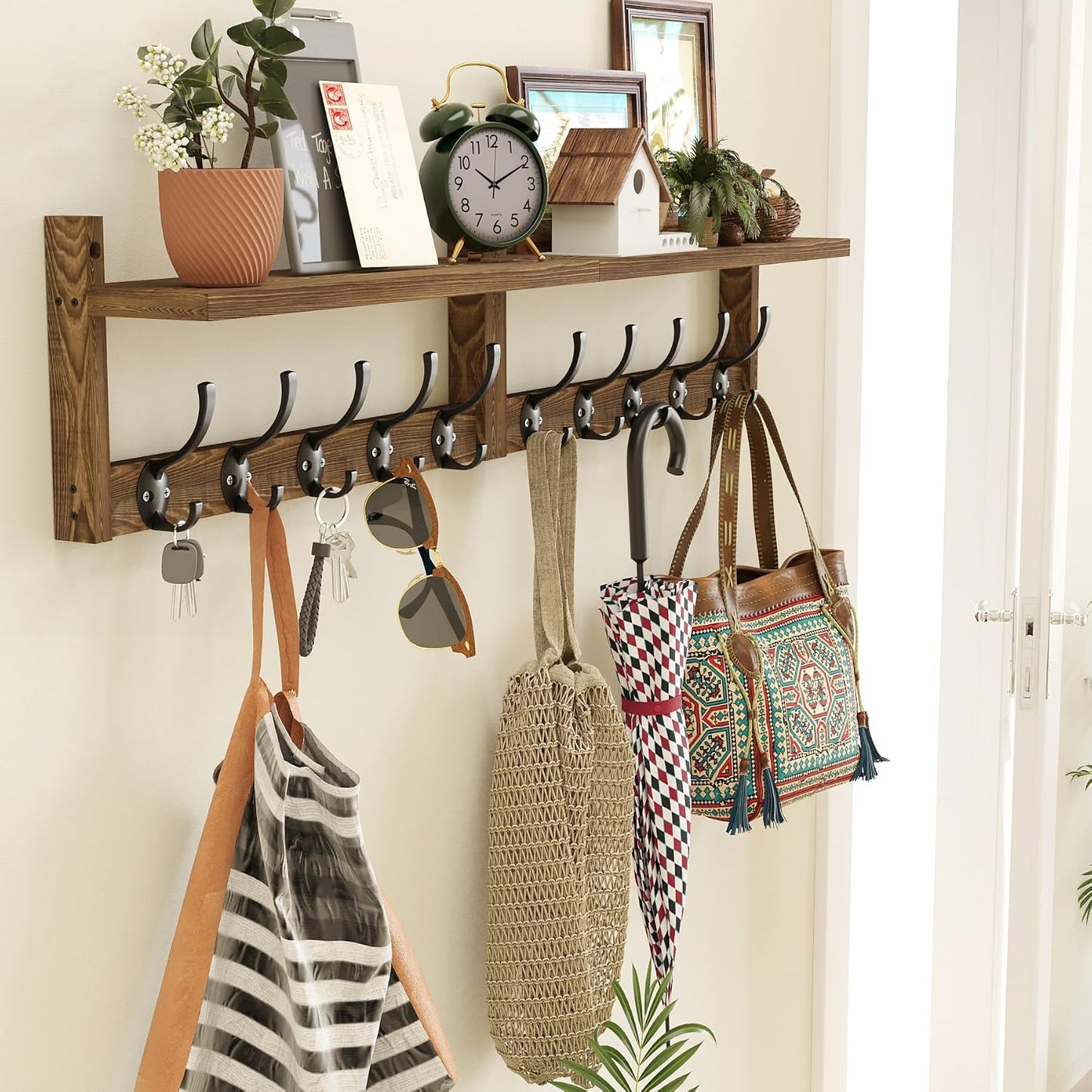 AMBIRD 34.2 inch Wooden Extra-Long Wall Hook Rack with Shelf - Versatile and Decorative Wall-Mounted Storage - 10 Hooks