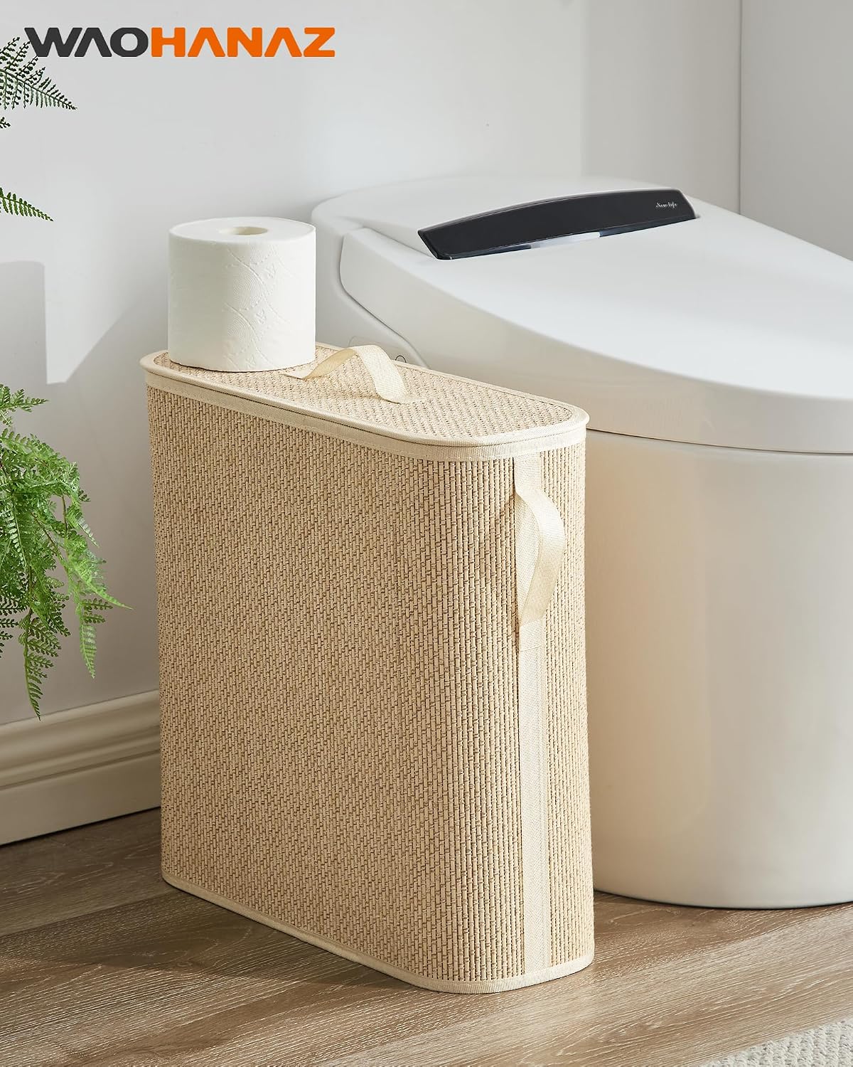Bamboo Toilet Paper Storage Basket with Lid & Handle - 32L Large Capacity Handwoven Bathroom Organizer for 16 Rolls