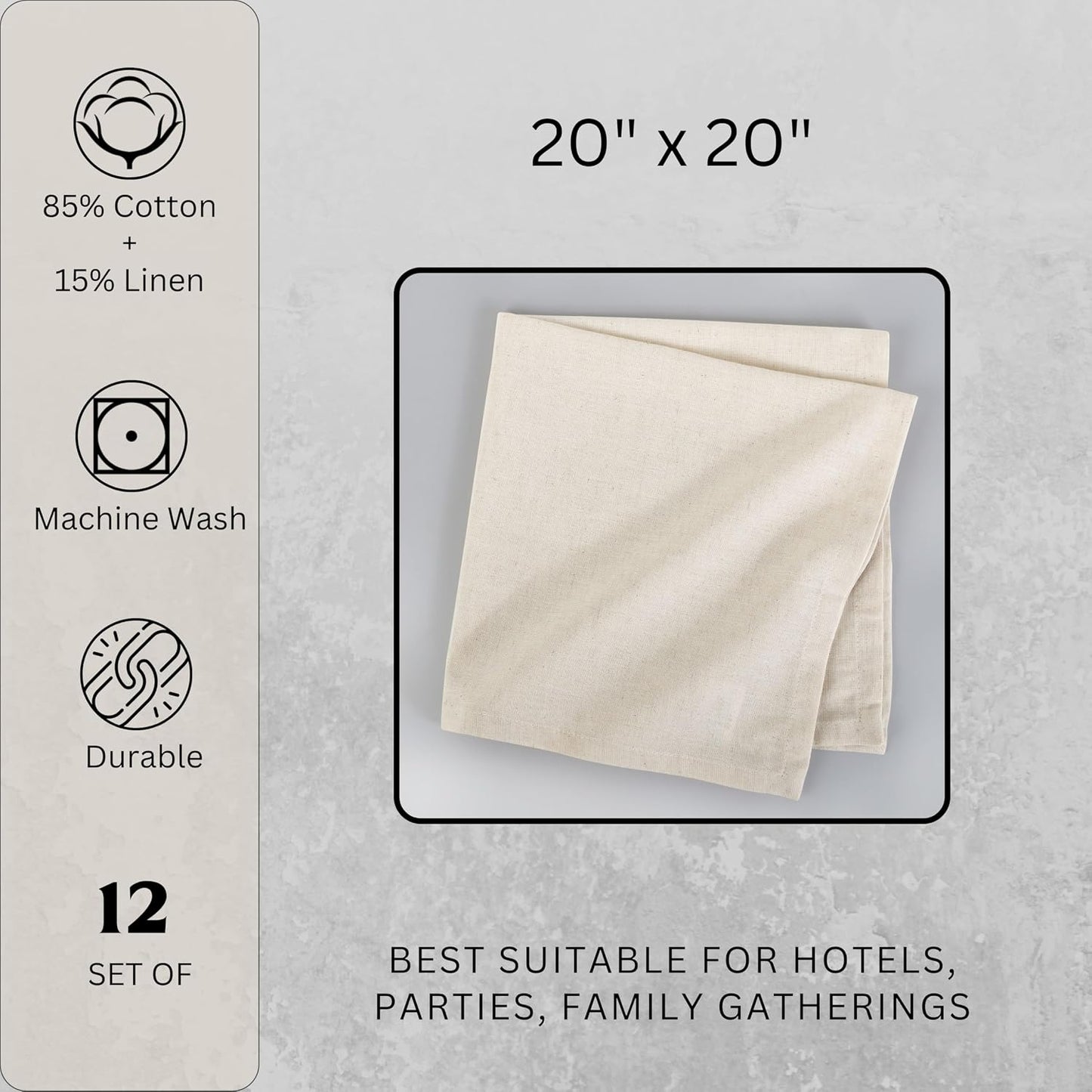 FINGERCRAFT Cloth Napkin, Cotton Linen, Set of 12, 20x20 inch, Ivory | Mitered, premium quality, soft, absorbent