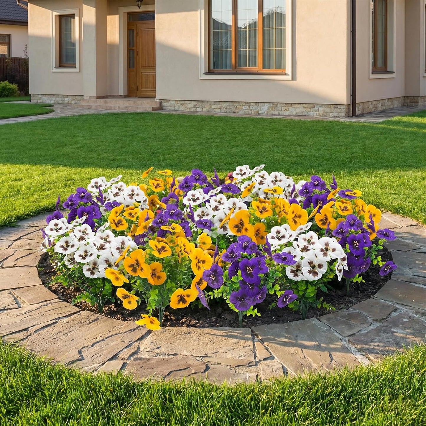 Artificial Fake Pansy Flowers / Purple, Yellow, White / Set of 18