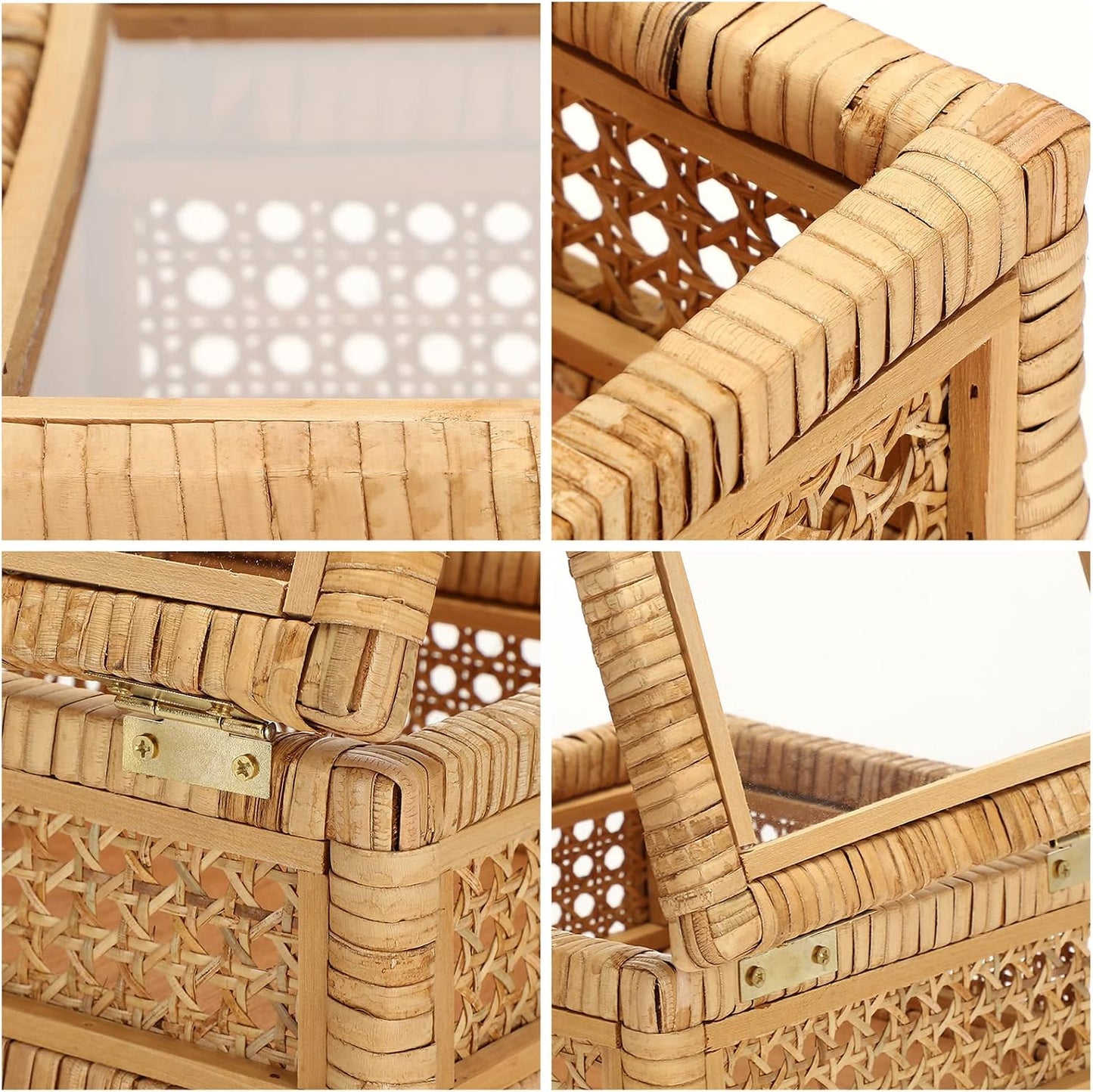 Glass Lids Decorative Woven Cane Boxes Multipurpose Square Basket / Set of 2