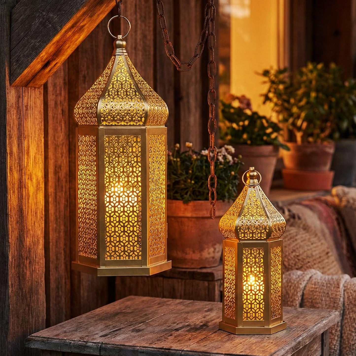 Vela Lanterns Decorative Indoor Gold Moroccan Temple Lanterns, Set of 2 | Ramadan Decorations for Home, Eid Islamic