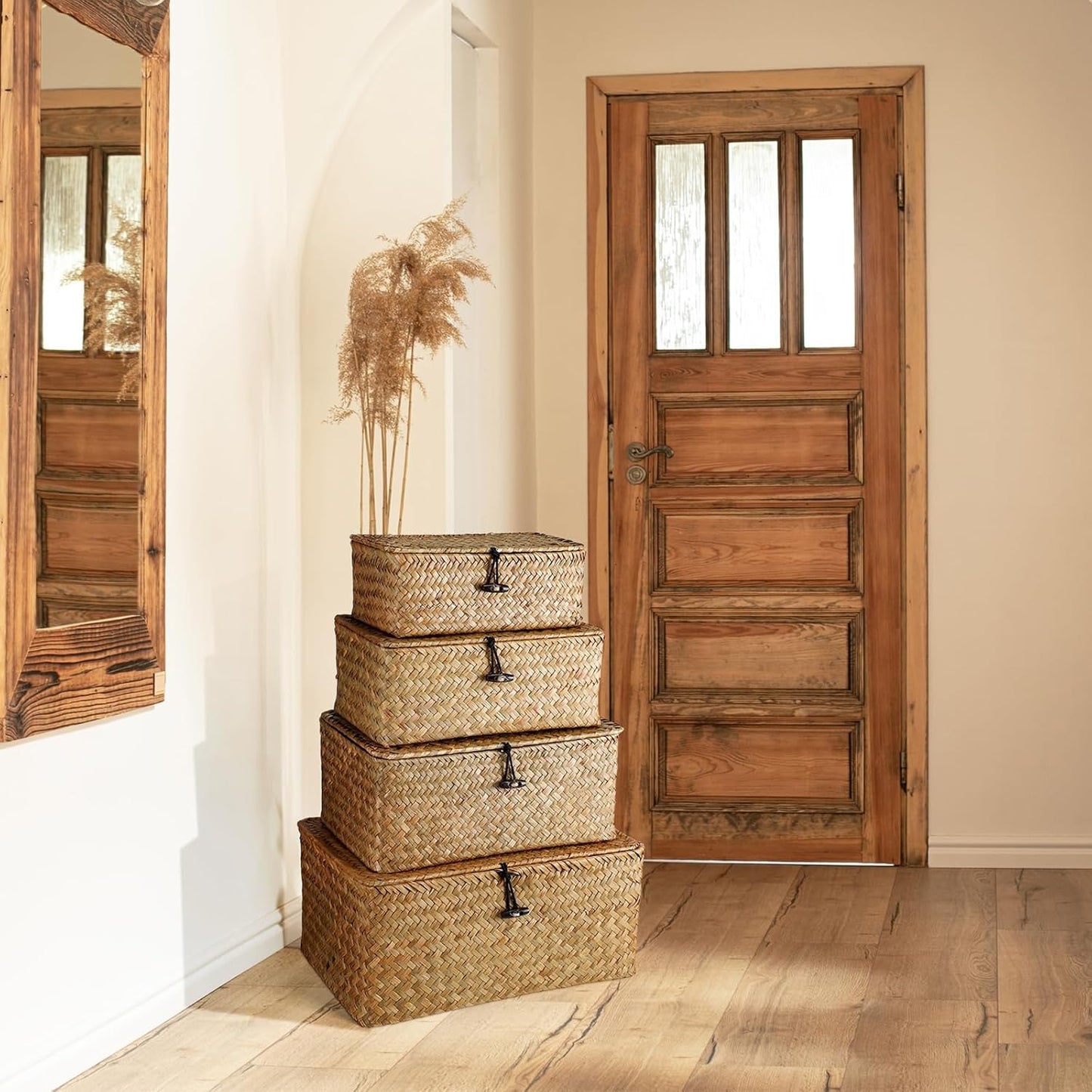 Wicker Baskets / Woven Rectangular Basket Bins / Orange / Set of 4