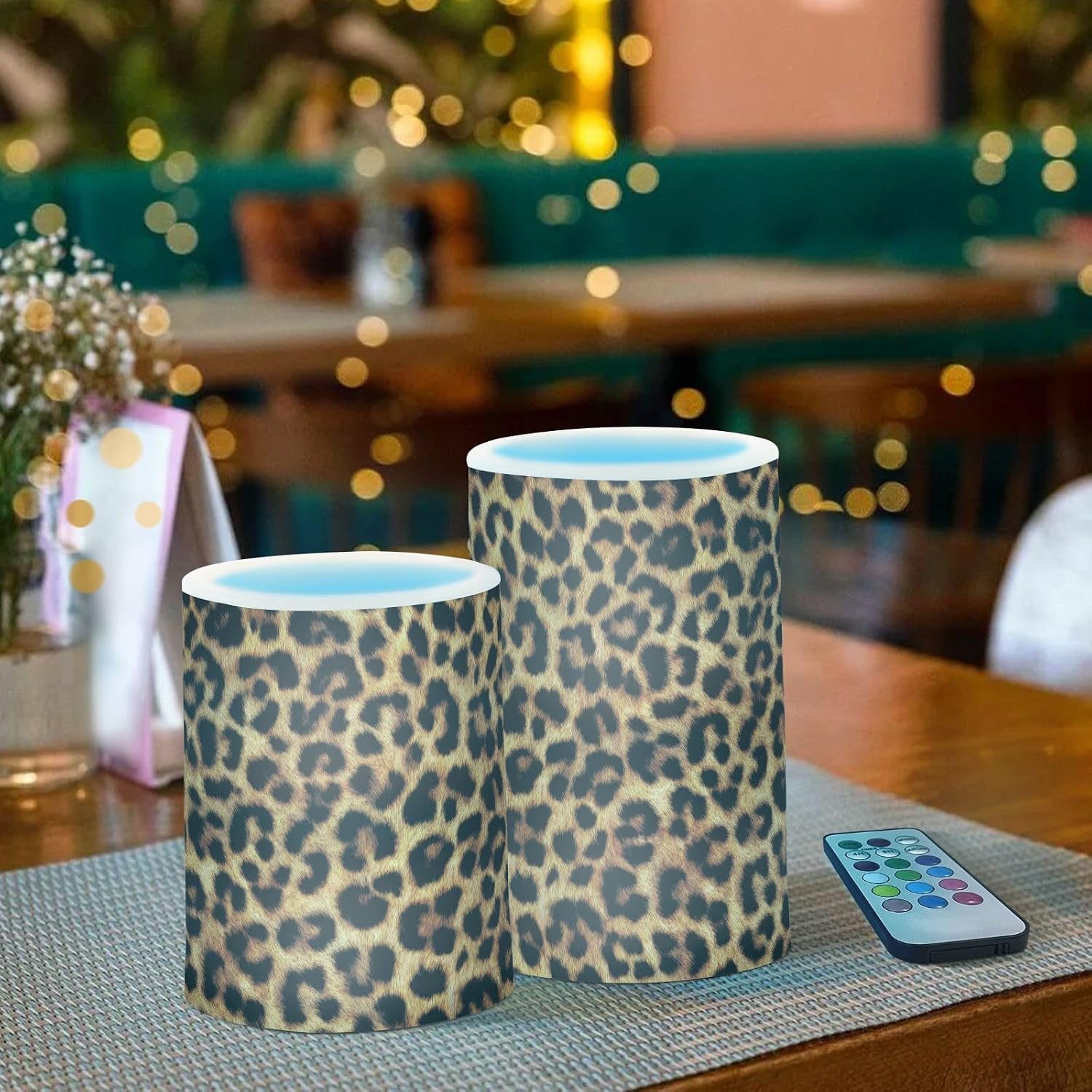 Flickering Flameless Candles, Leopard Texture LED Candles with Remote Timer, Set of 2 Battery Operated Candle for