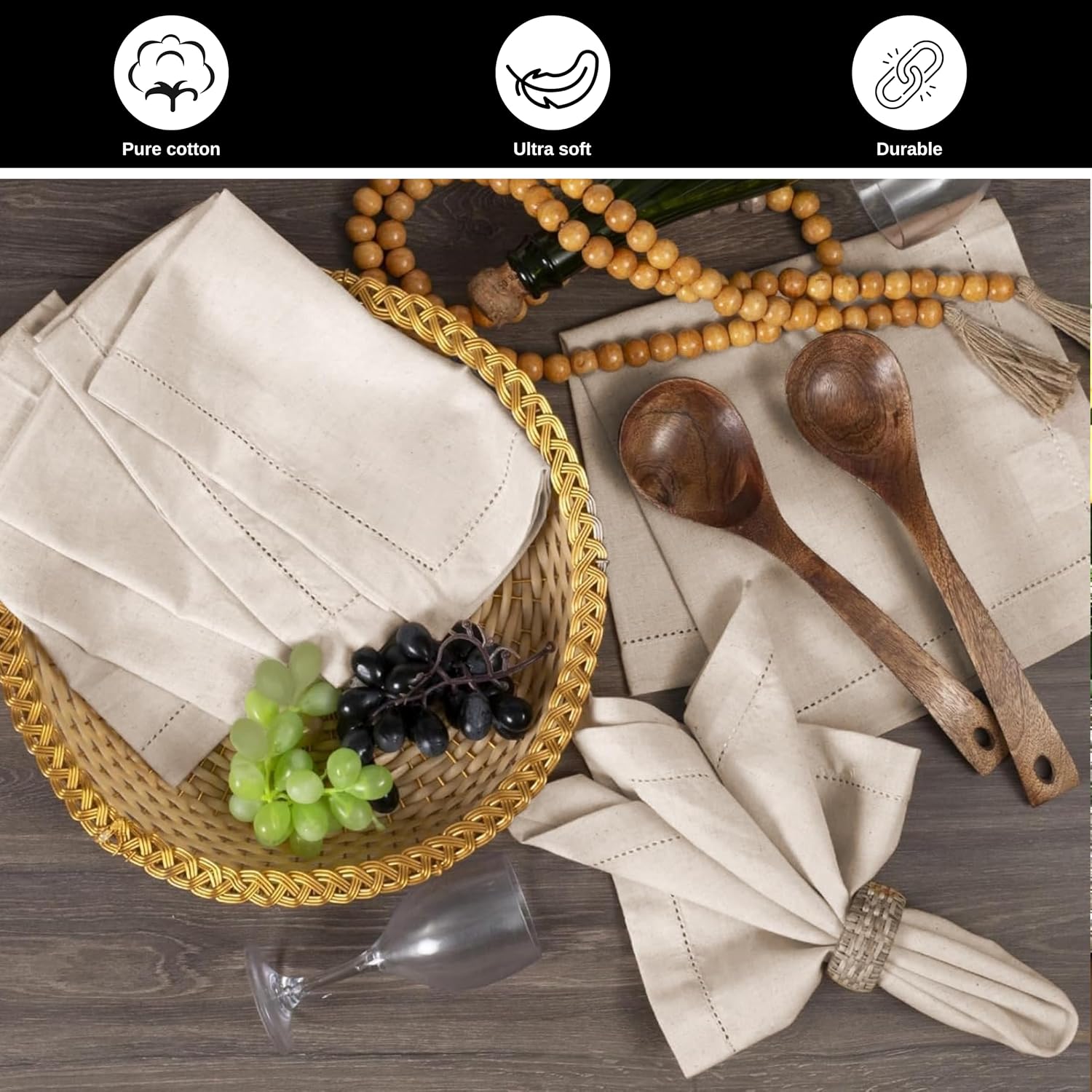 HOMIDATE Linen Cotton Cloth Dinner Napkins, 20x20, Set of 12 | Flax cotton blend, hemstitched mitered corners, machine