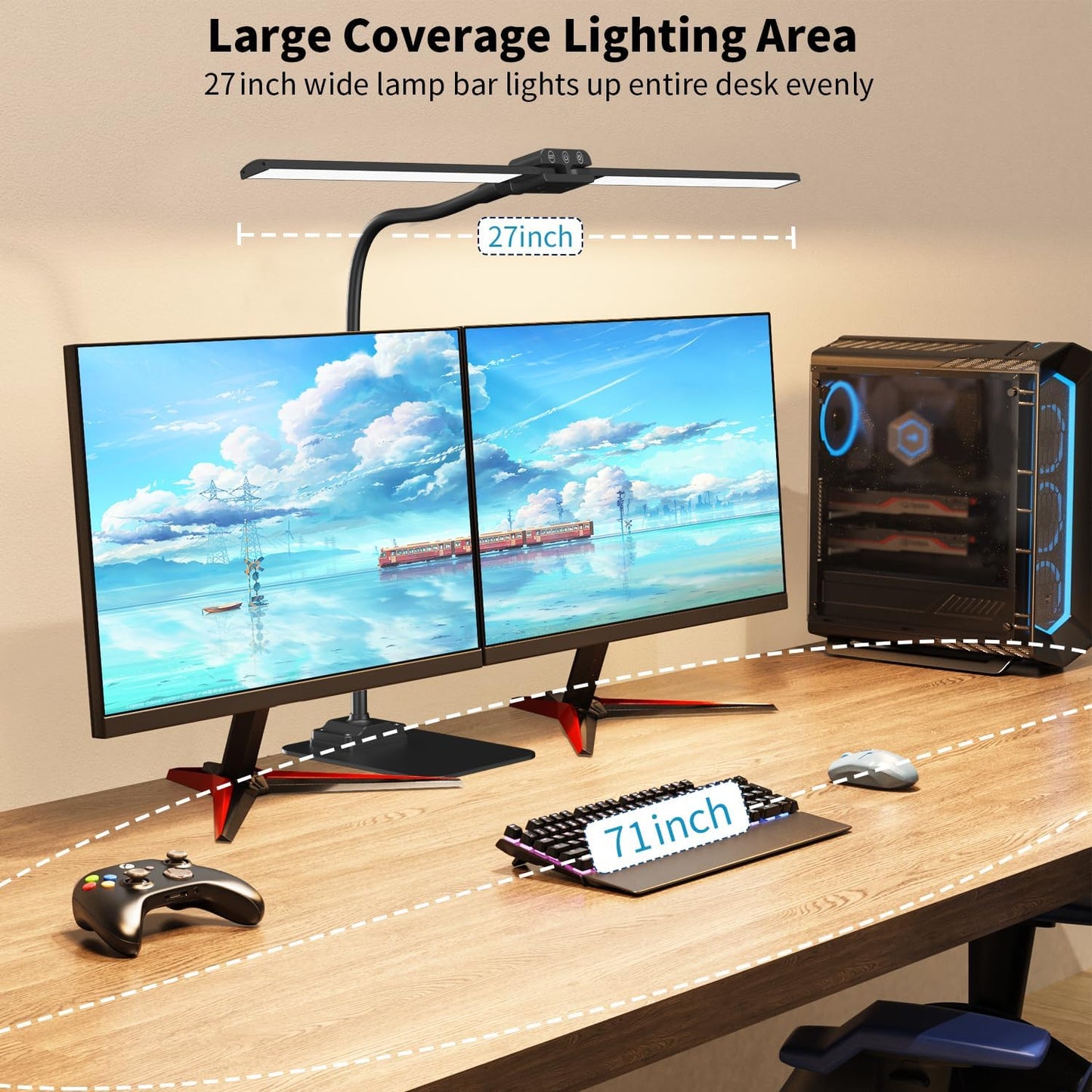 LED Desk Lamp Double Light: 1200LM Desk Light Base for Home Office, Black | Dual Screen Computer Monitor Light