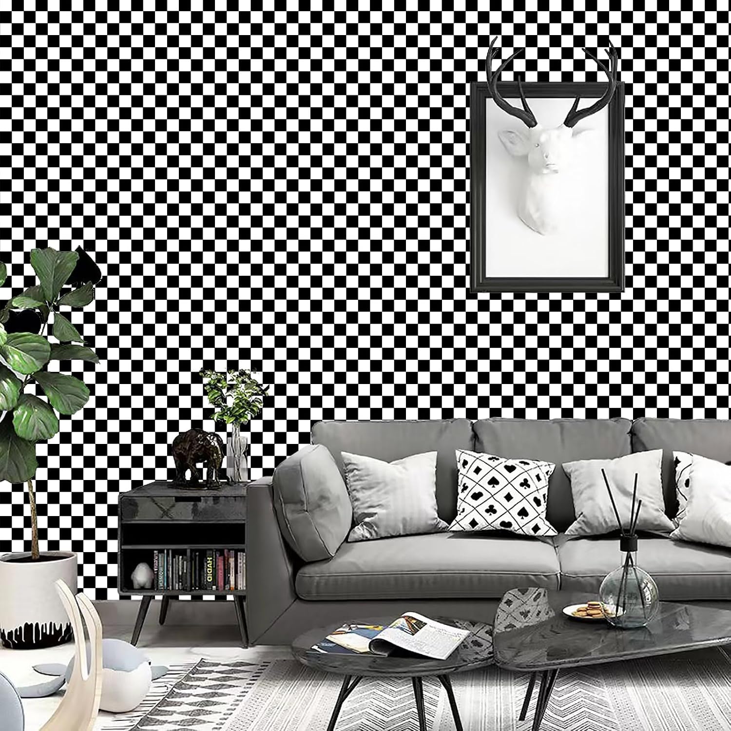 Checkerboard Peel and Stick Wallpaper Black White Peel and Stick Wall / 17.3 x 480 / Black/white