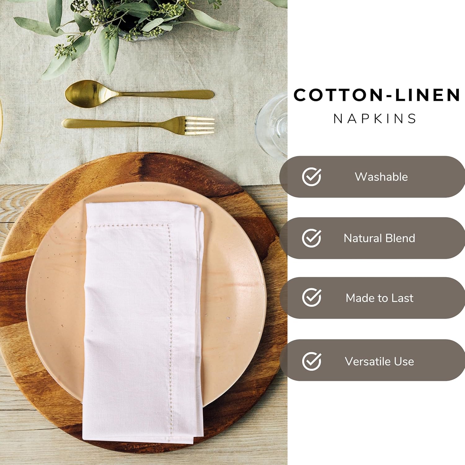 Ramanta Home White Linen Cloth Dinner Napkin Set of 12, 18x18 Inch | Reusable Dinner Cotton Washable Hemstitched Linen