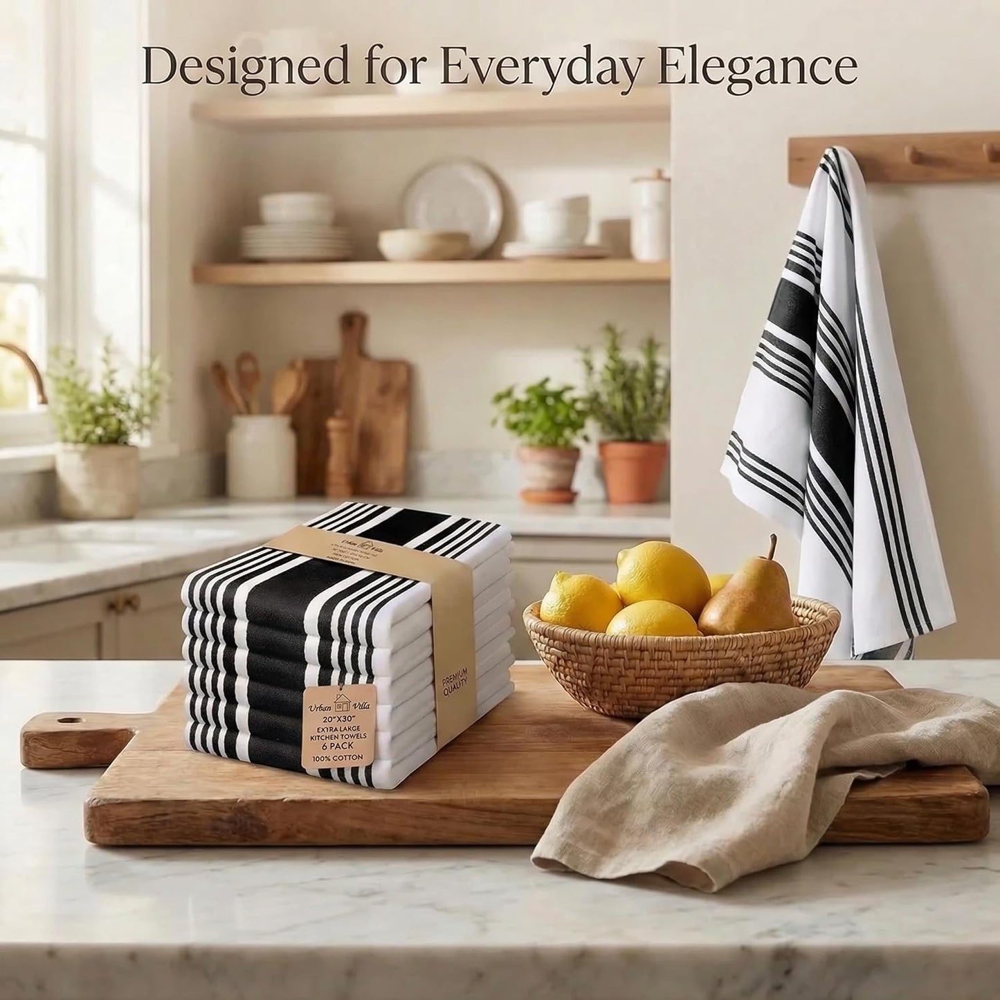 Urban Villa Kitchen Towels Cotton Dish Towels 20”x30” (Set of 6) Black