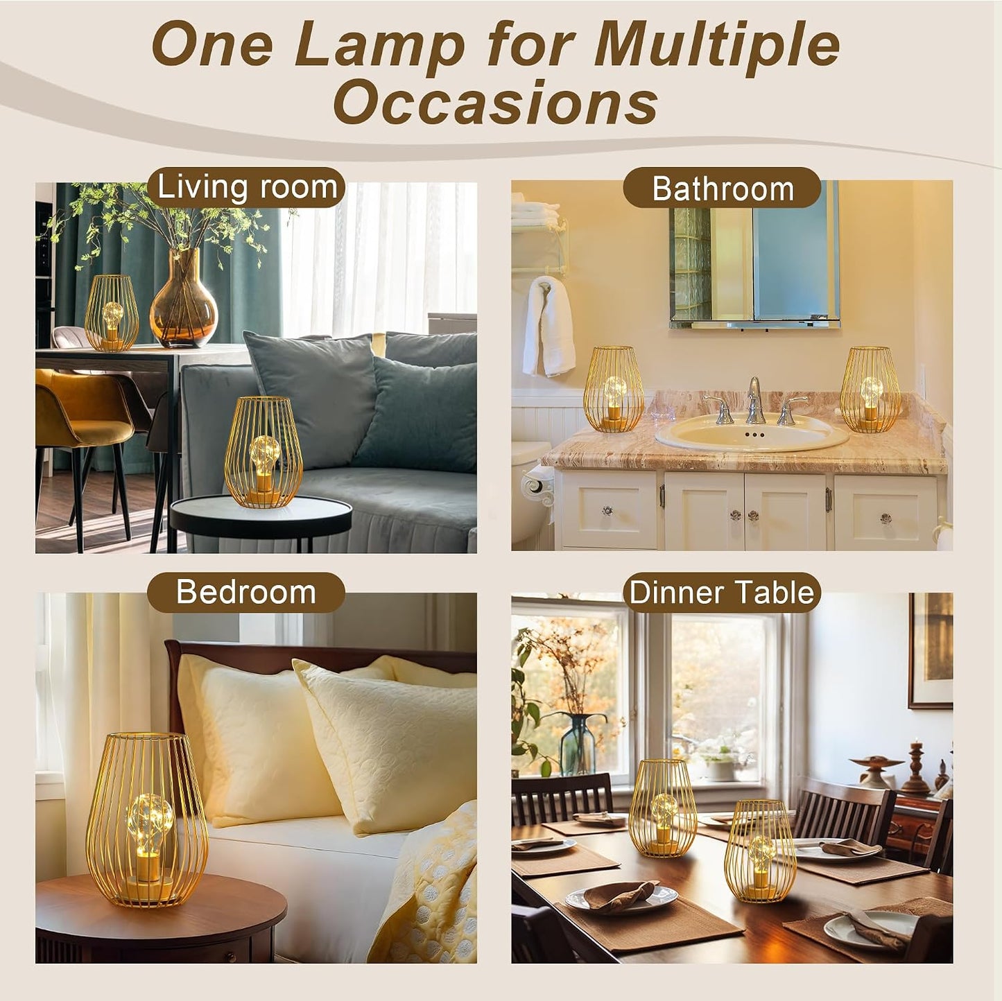 TRIROCKS Metal Cordless Table Lamp - 8'' Tall Set of 2 Cage Shape Battery Operated Lamp with Fairy Lights Bulb for