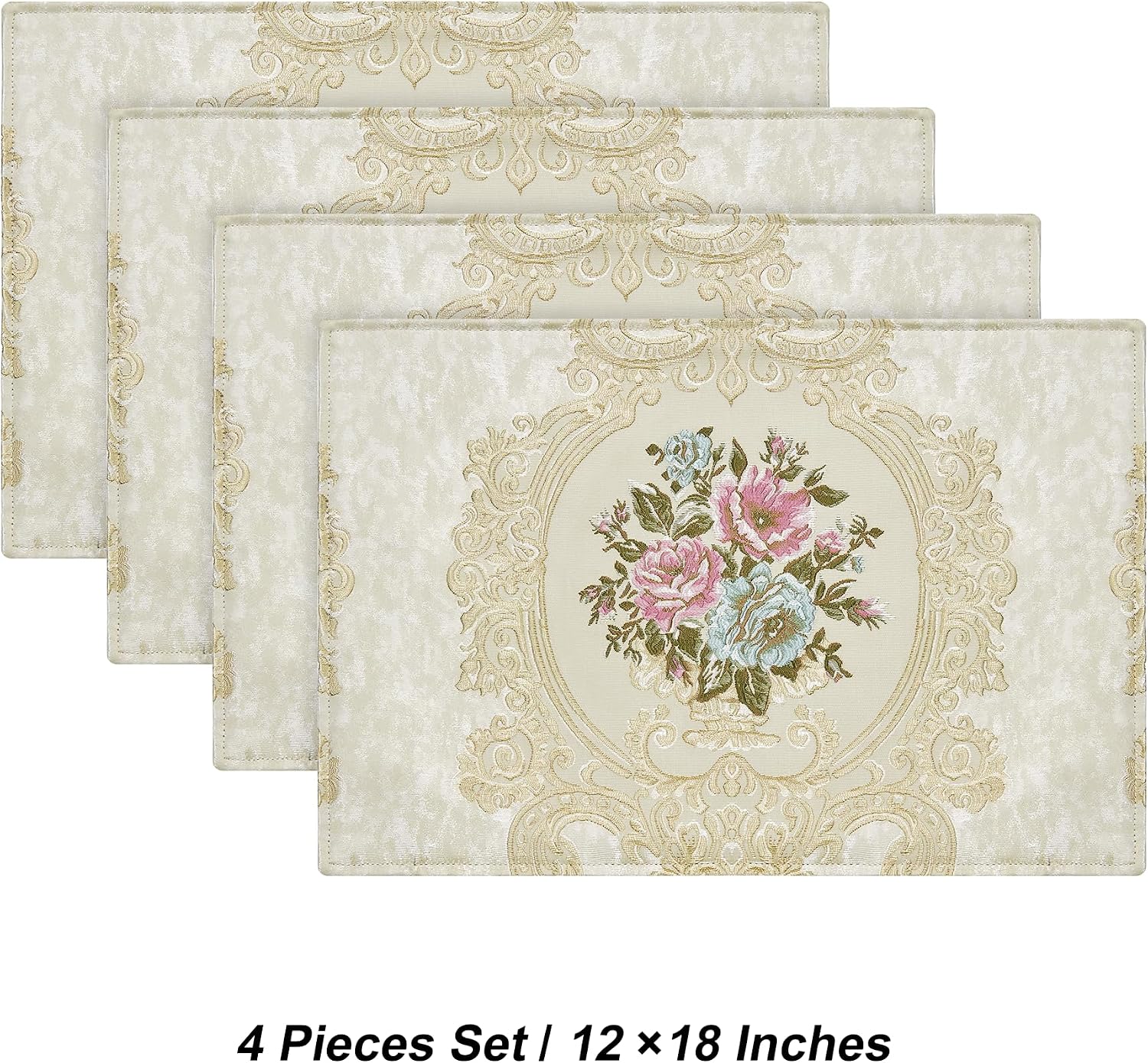 Loom and Mill Luxury Damask Placemats Set of 4, Pearly Beige, 12x18in | Elegant Jacquard Non-Slip Table Place Mats for