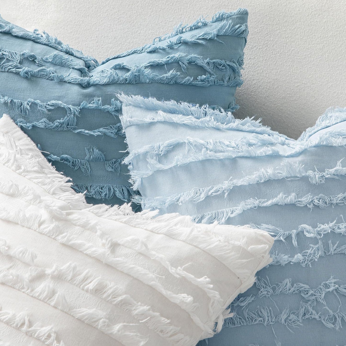 Decorative Boho Throw Pillow Covers Linen Striped Jacquard Pattern / 18 x 18 / Light Blue / Set of 2