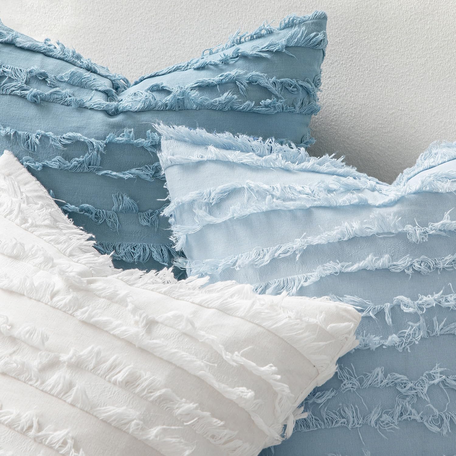 Decorative Boho Throw Pillow Covers Linen Striped Jacquard Pattern / 18 x 18 / Light Blue / Set of 2