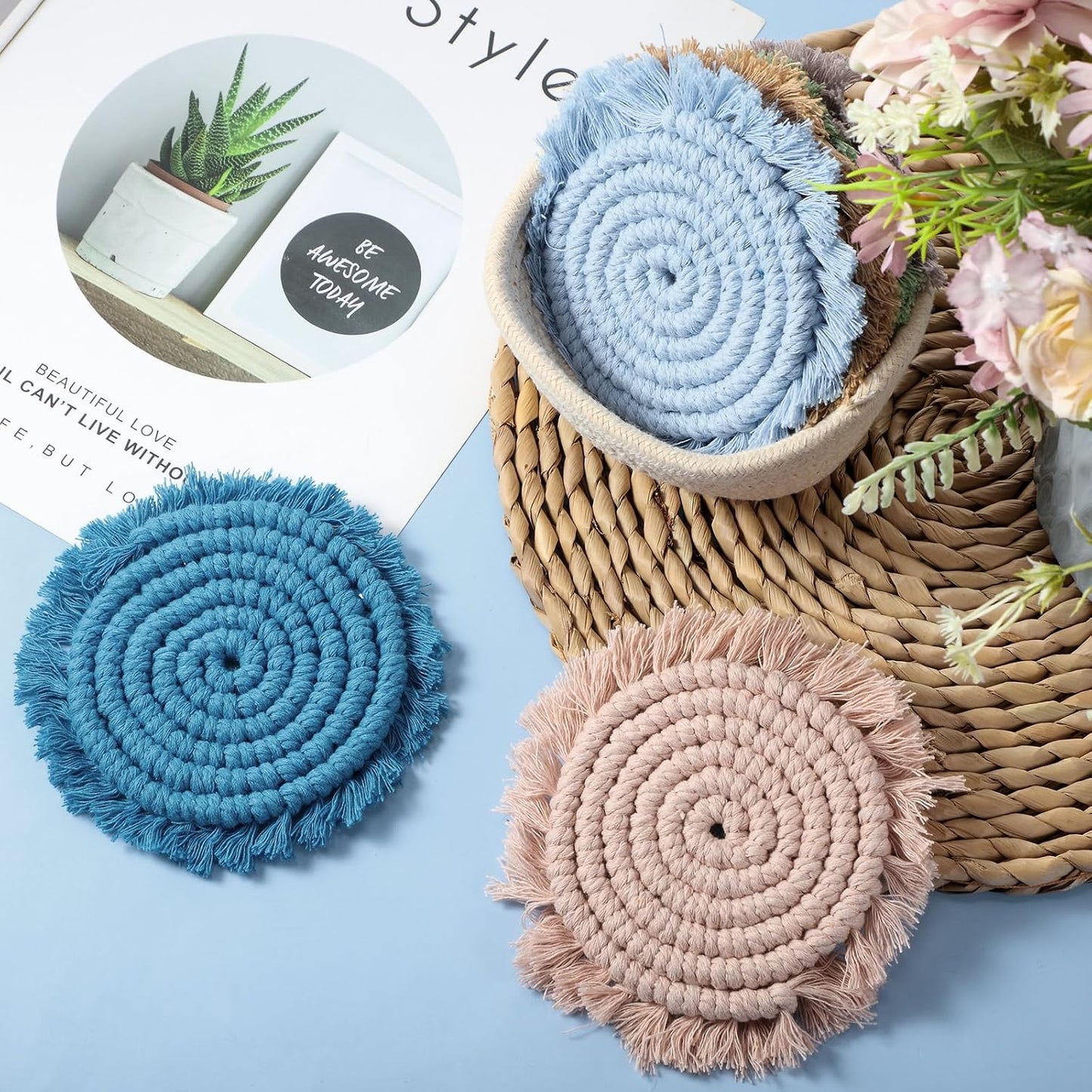 Holder Farmhouse Tassel Macrame Cup Mat / Morandi / Set of 6