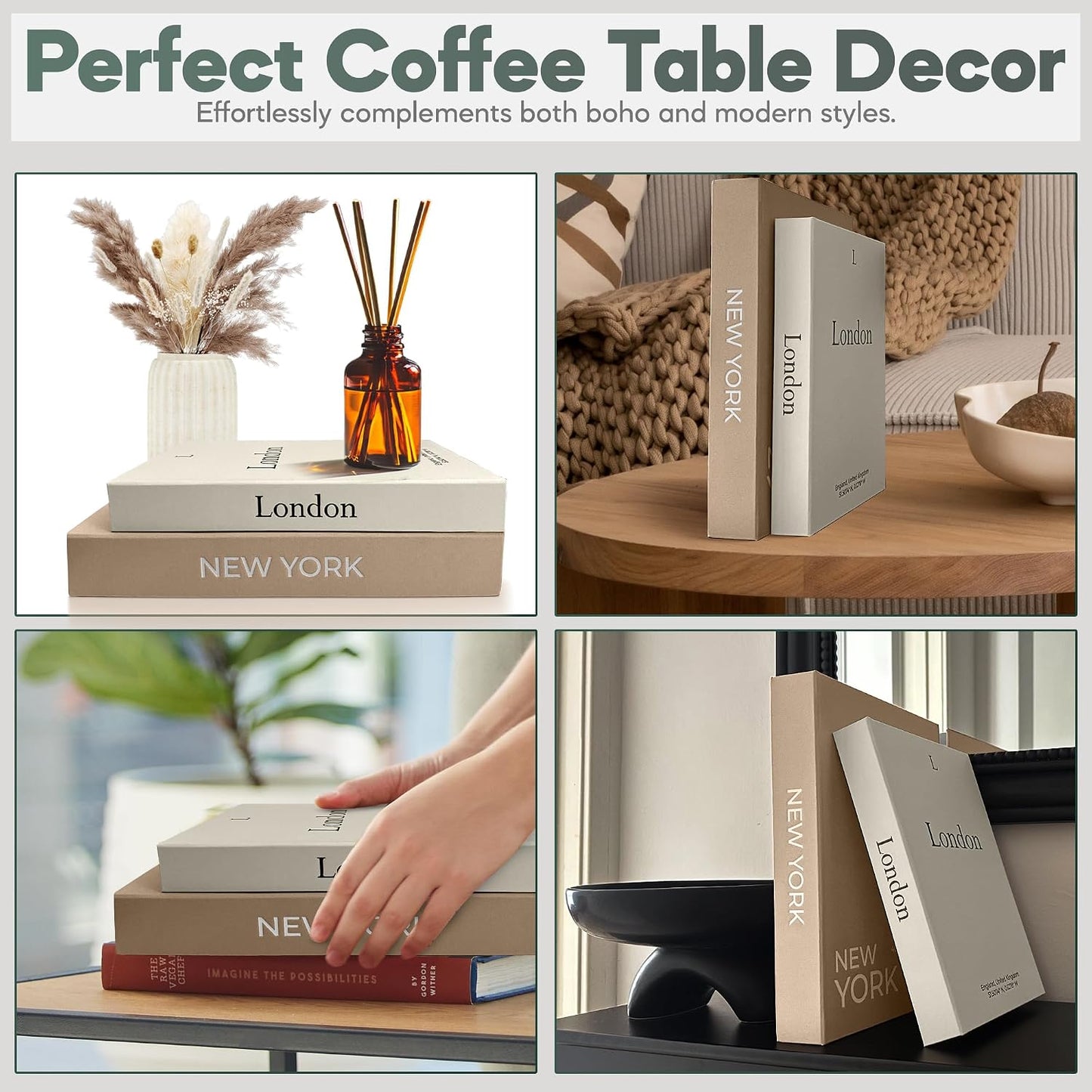 Faux Book Storage Box Set / Beige/brown / Modern