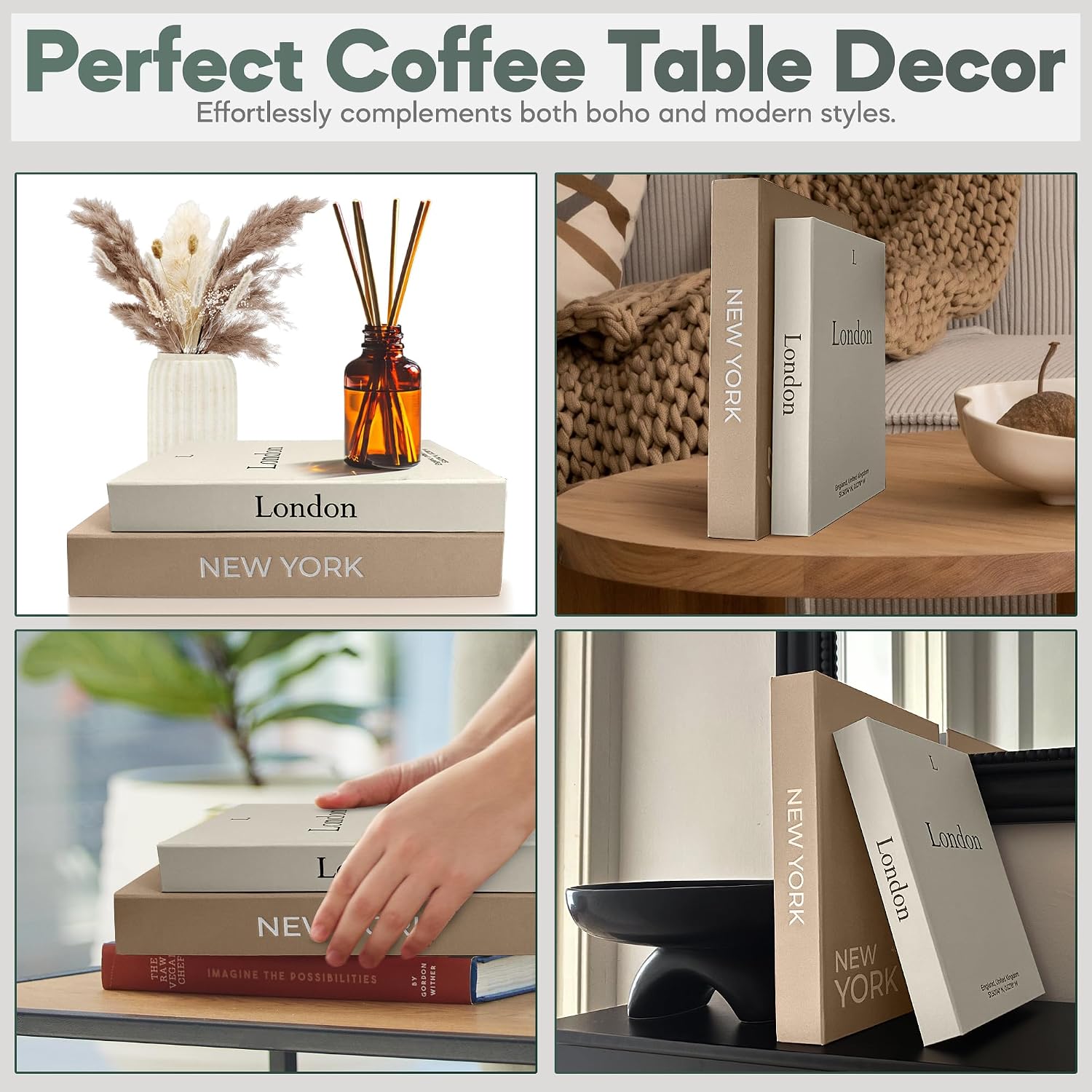 Faux Book Storage Box Set / Beige/brown / Modern